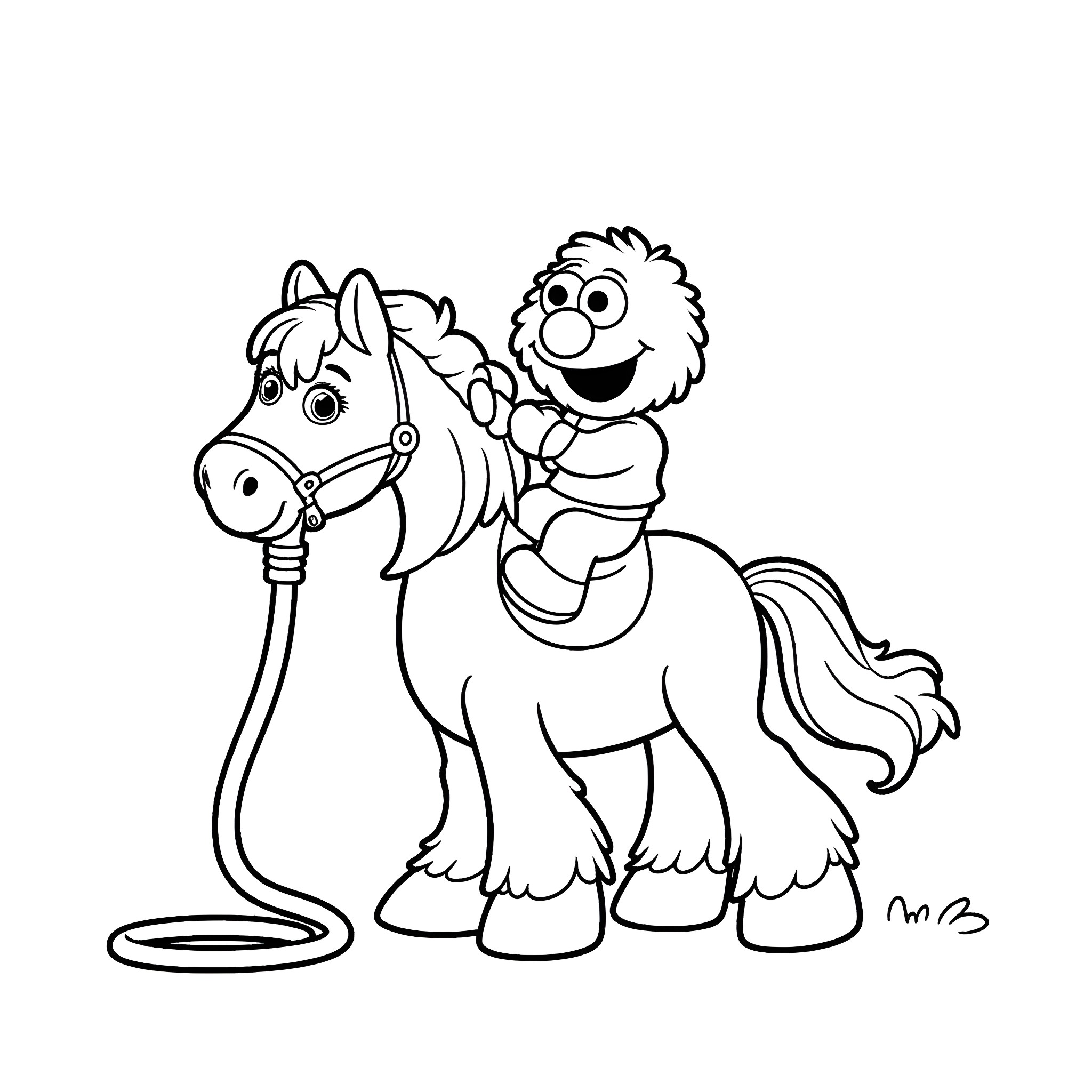 Elmo riding a playful pony Coloring Page (free black-and-white line drawing printable PDF for all, from beginners to advanced learners, including children, teens, adults, and seniors)