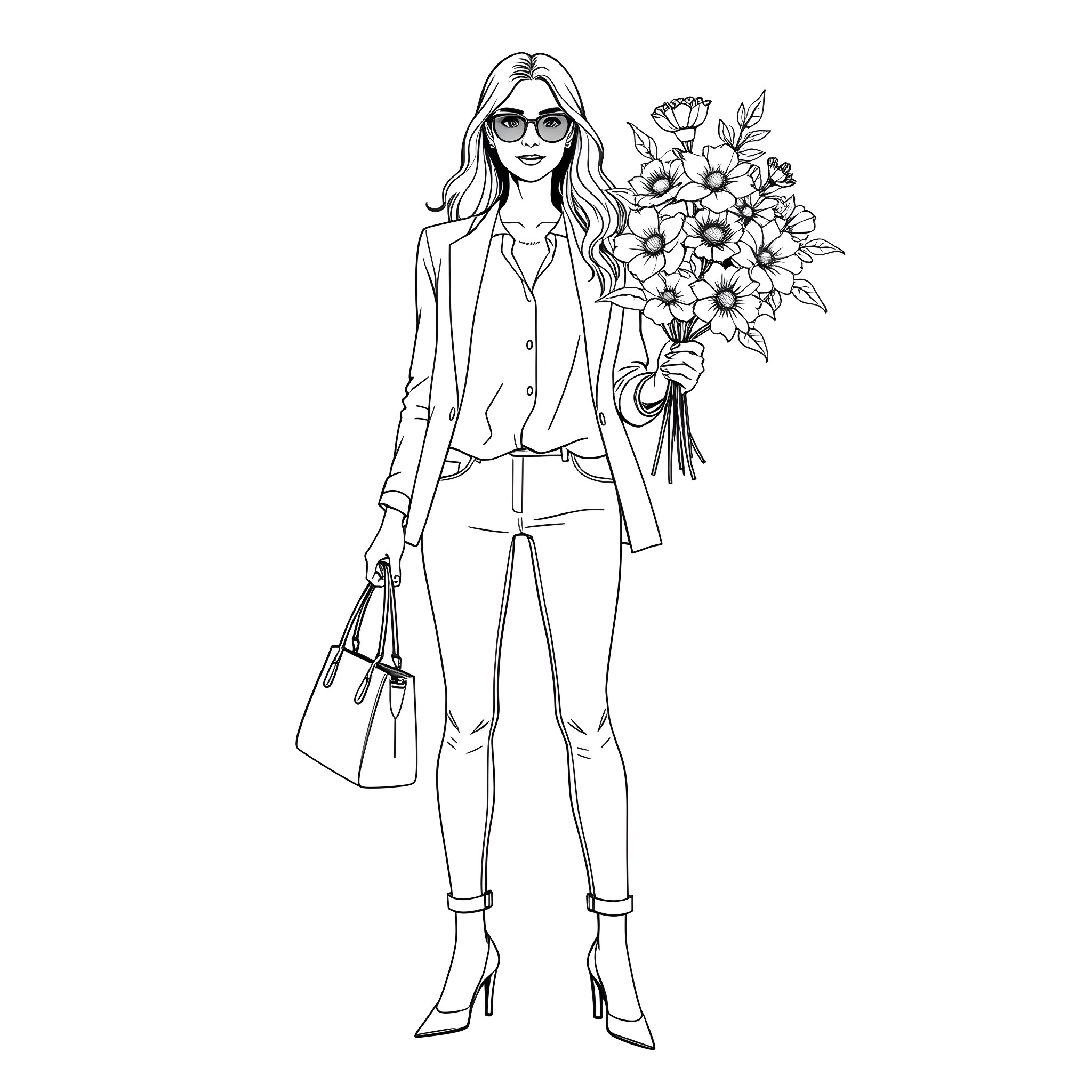 Woman in stylish outfit carrying flowers Coloring Page (free black-and-white line drawing printable PDF for all, from beginners to advanced learners, including children, teens, adults, and seniors)