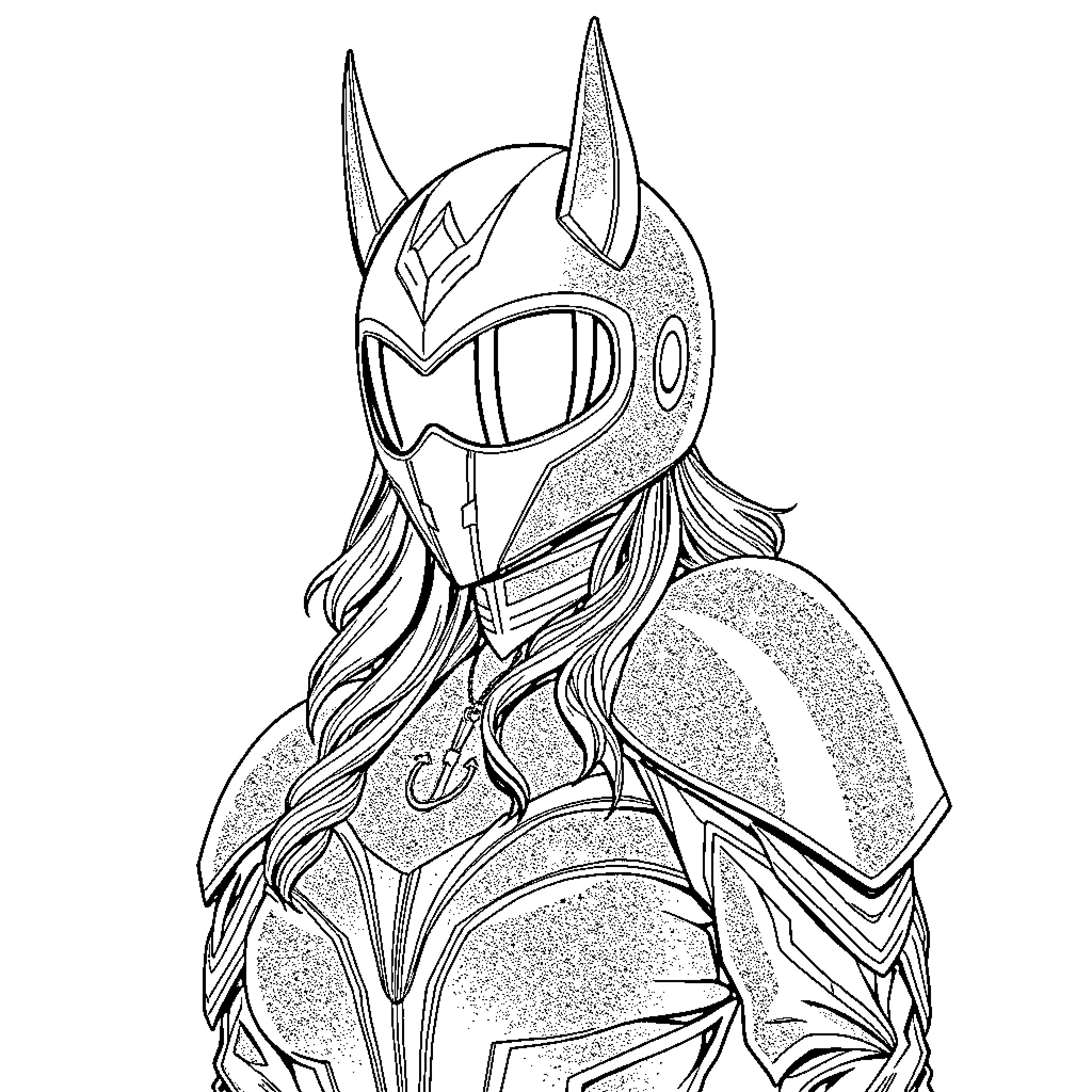 HUNTR/X - Heroic Masked Figure in Action Pose Coloring Page (free black-and-white line drawing printable PDF for all, from beginners to advanced learners, including children, teens, adults, and seniors)