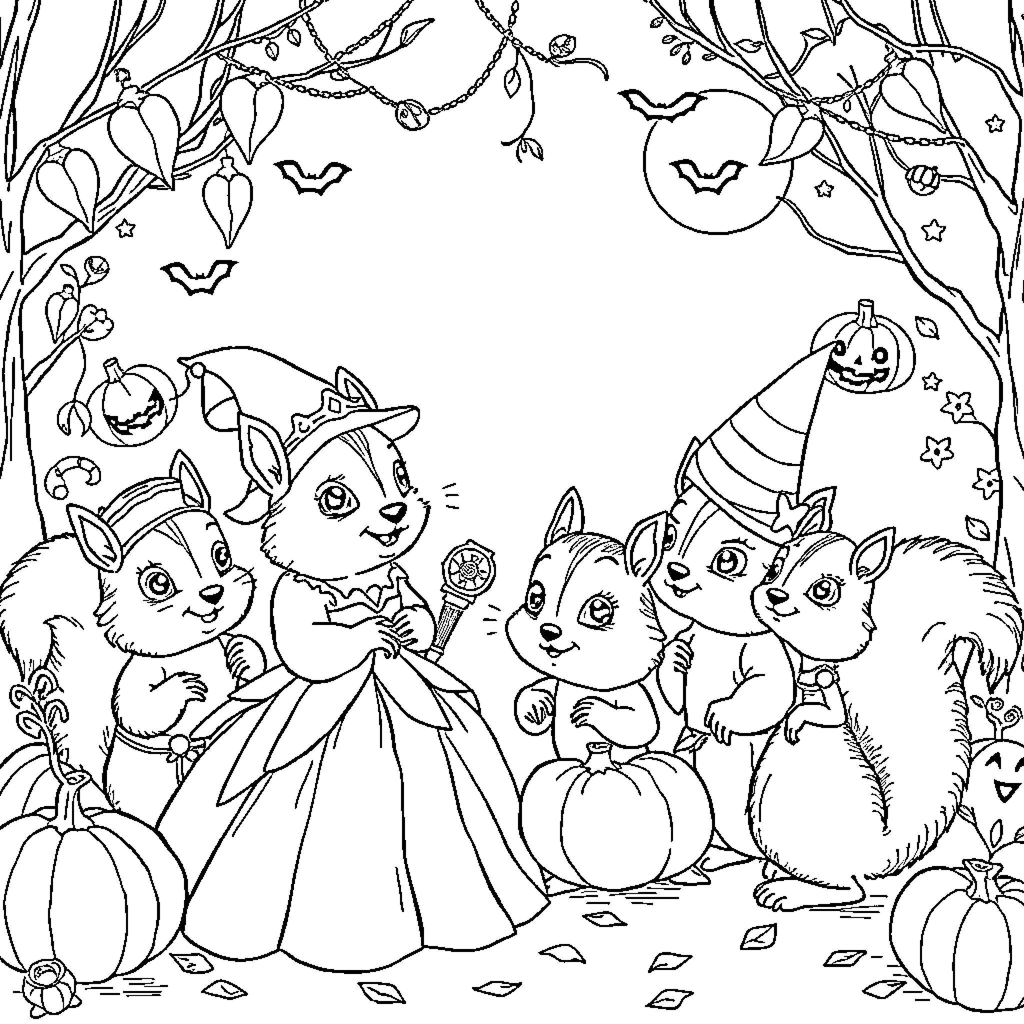 Squirrel friends celebrate Halloween in forest Coloring Page (free black-and-white line drawing printable PDF for all, from beginners to advanced learners, including children, teens, adults, and seniors)