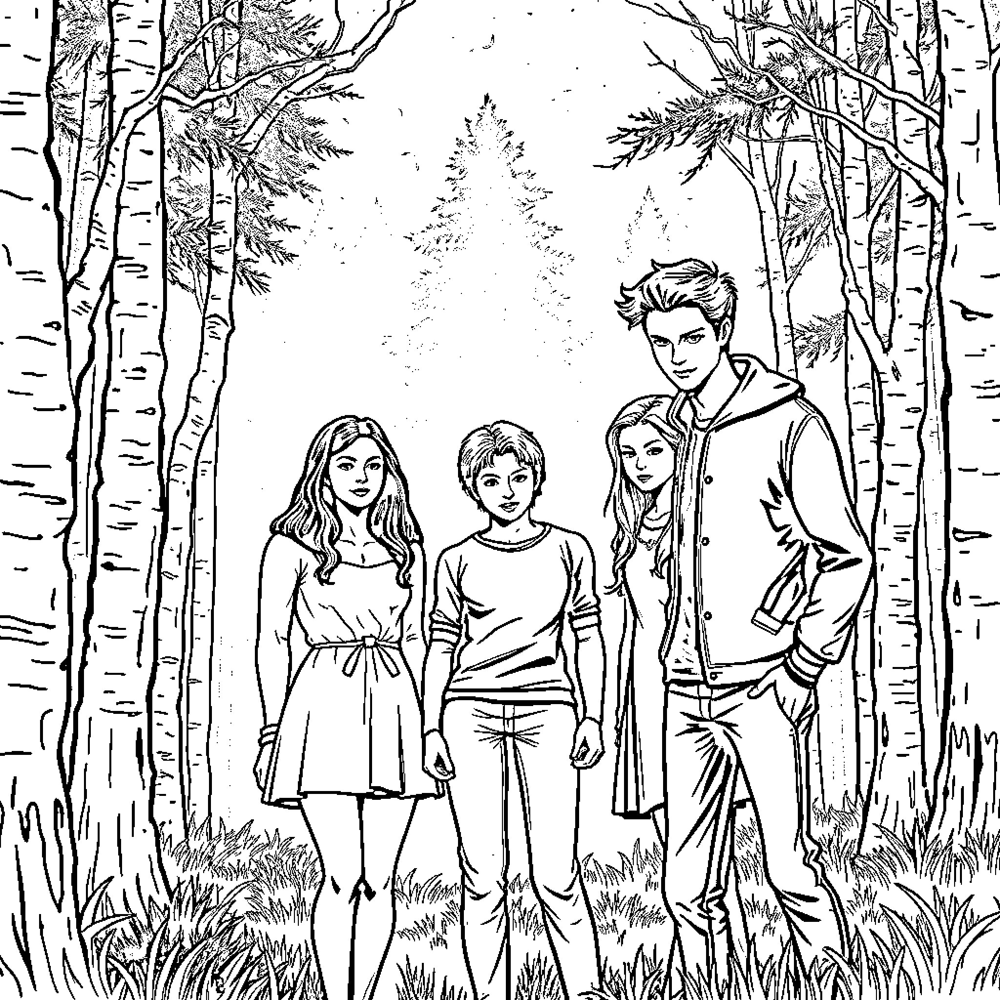 Twilight friends walking in the enchanted forest Coloring Page (free black-and-white line drawing printable PDF for all, from beginners to advanced learners, including children, teens, adults, and seniors)