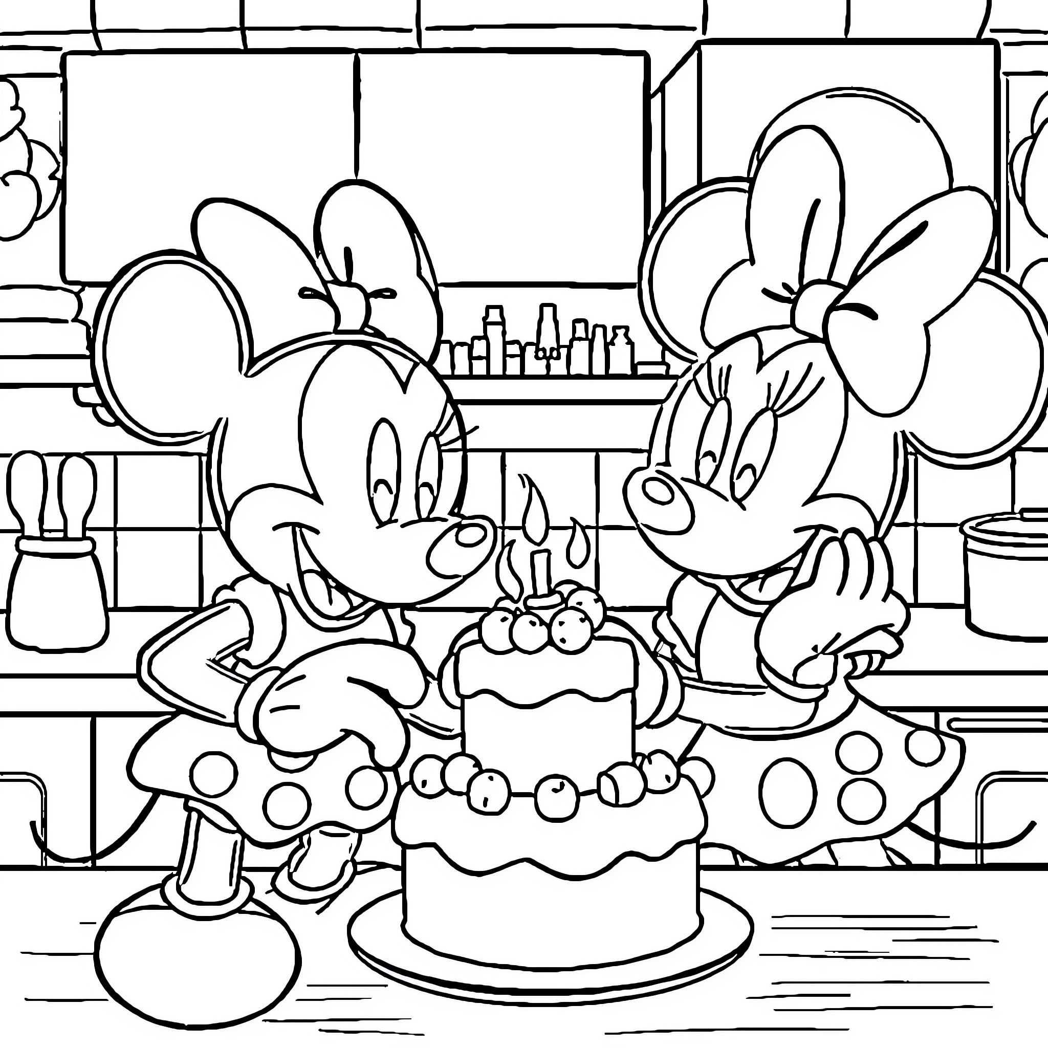 Mickey and Minnie Celebrate with Birthday Cake Coloring Page (free black-and-white line drawing printable PDF for all, from beginners to advanced learners, including children, teens, adults, and seniors)