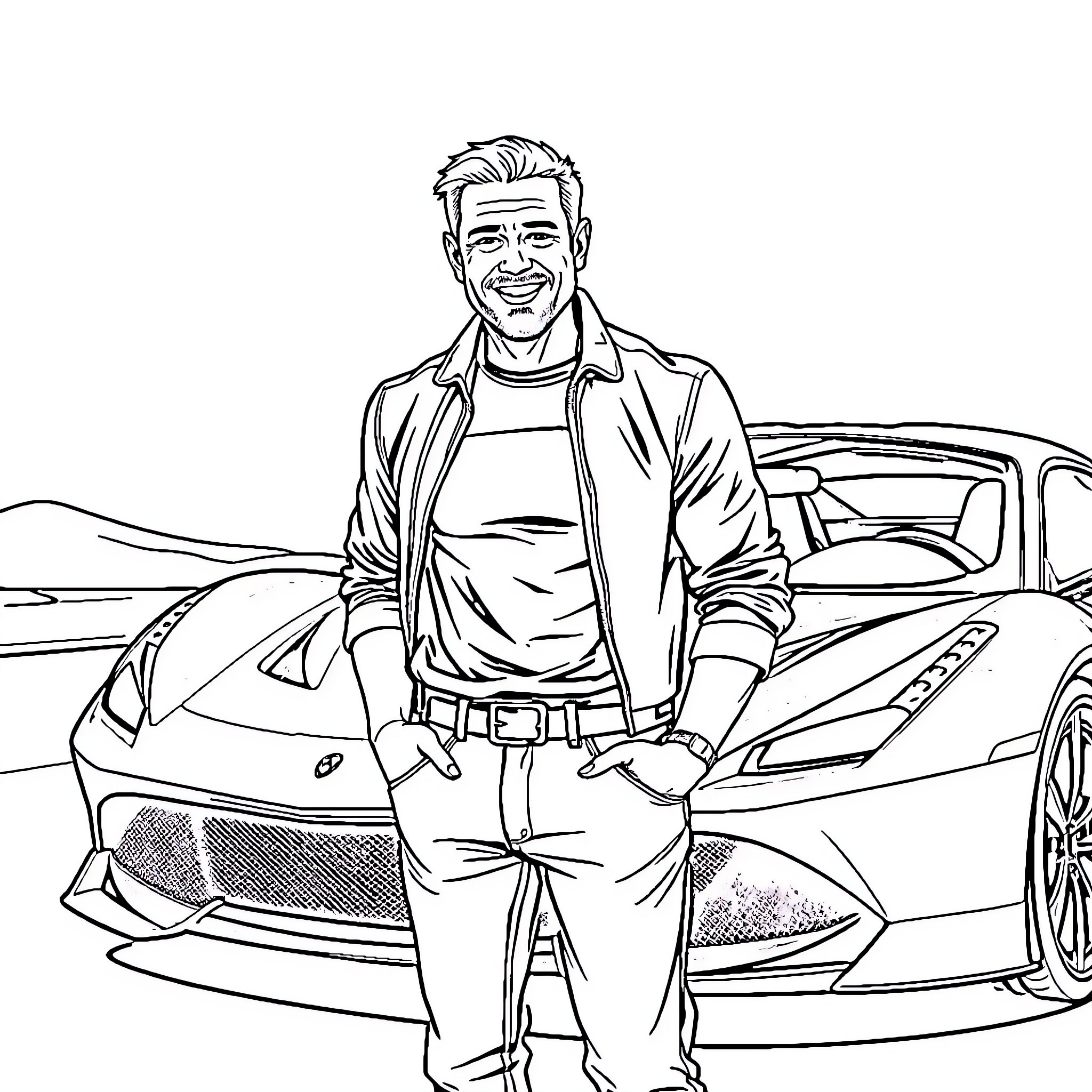 Enzo in front of a sleek sports car Coloring Page (free black-and-white line drawing printable PDF for all, from beginners to advanced learners, including children, teens, adults, and seniors)