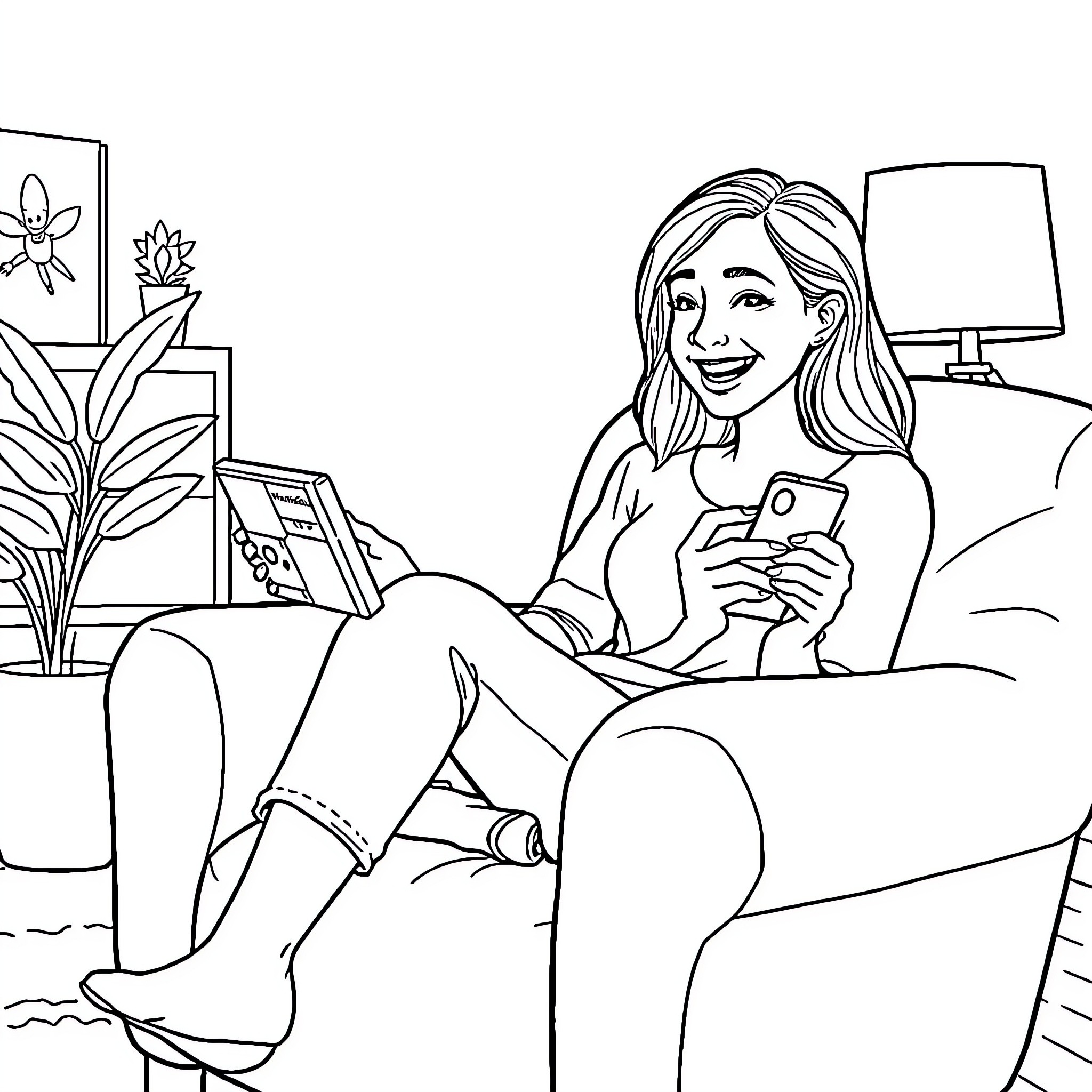 Mom relaxing at home with her phone Coloring Page (free black-and-white line drawing printable PDF for all, from beginners to advanced learners, including children, teens, adults, and seniors)