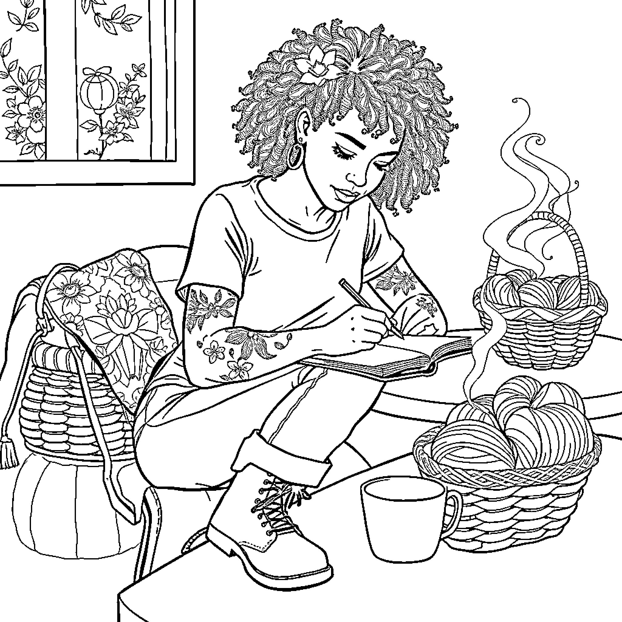Lady reading a book by the window Coloring Page (free black-and-white line drawing printable PDF for all, from beginners to advanced learners, including children, teens, adults, and seniors)