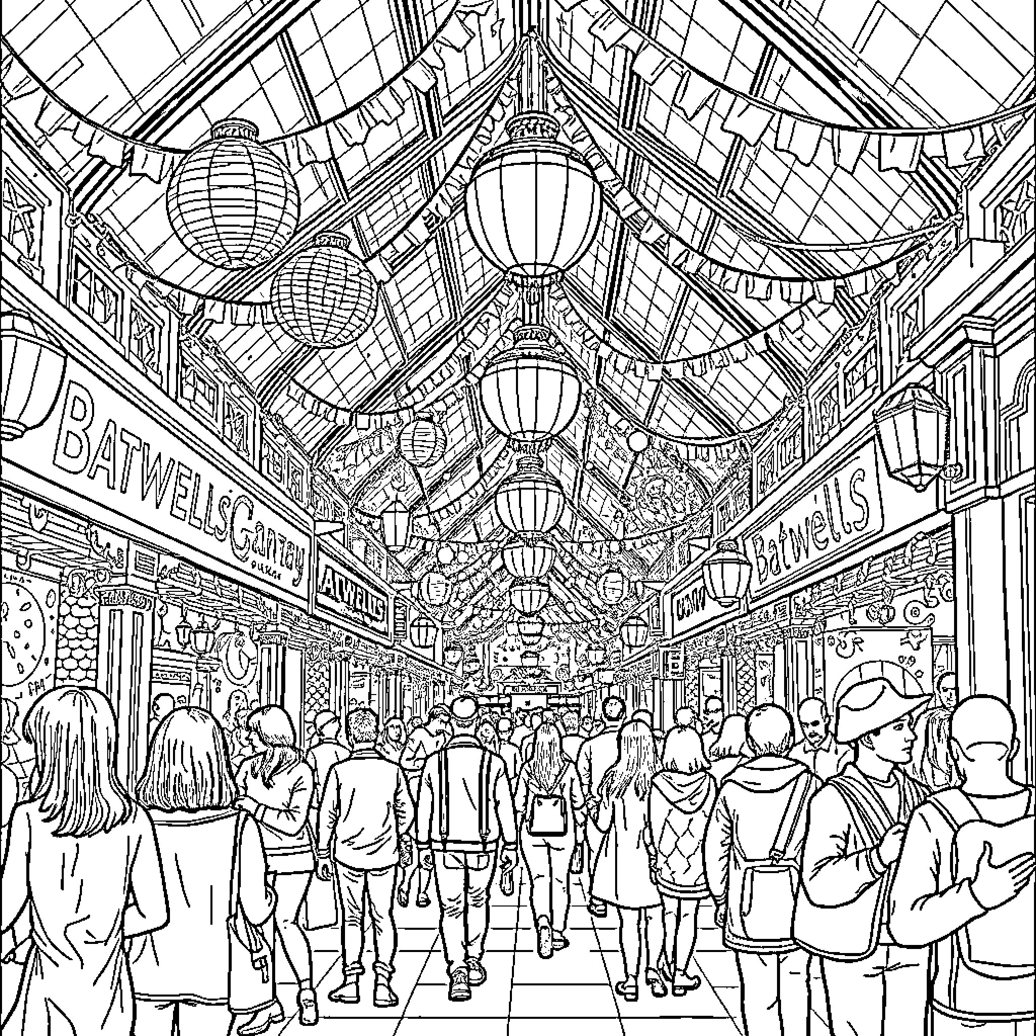 Batwell Games Carnival Celebration with Festive Lanterns Coloring Page (free black-and-white line drawing printable PDF for all, from beginners to advanced learners, including children, teens, adults, and seniors)