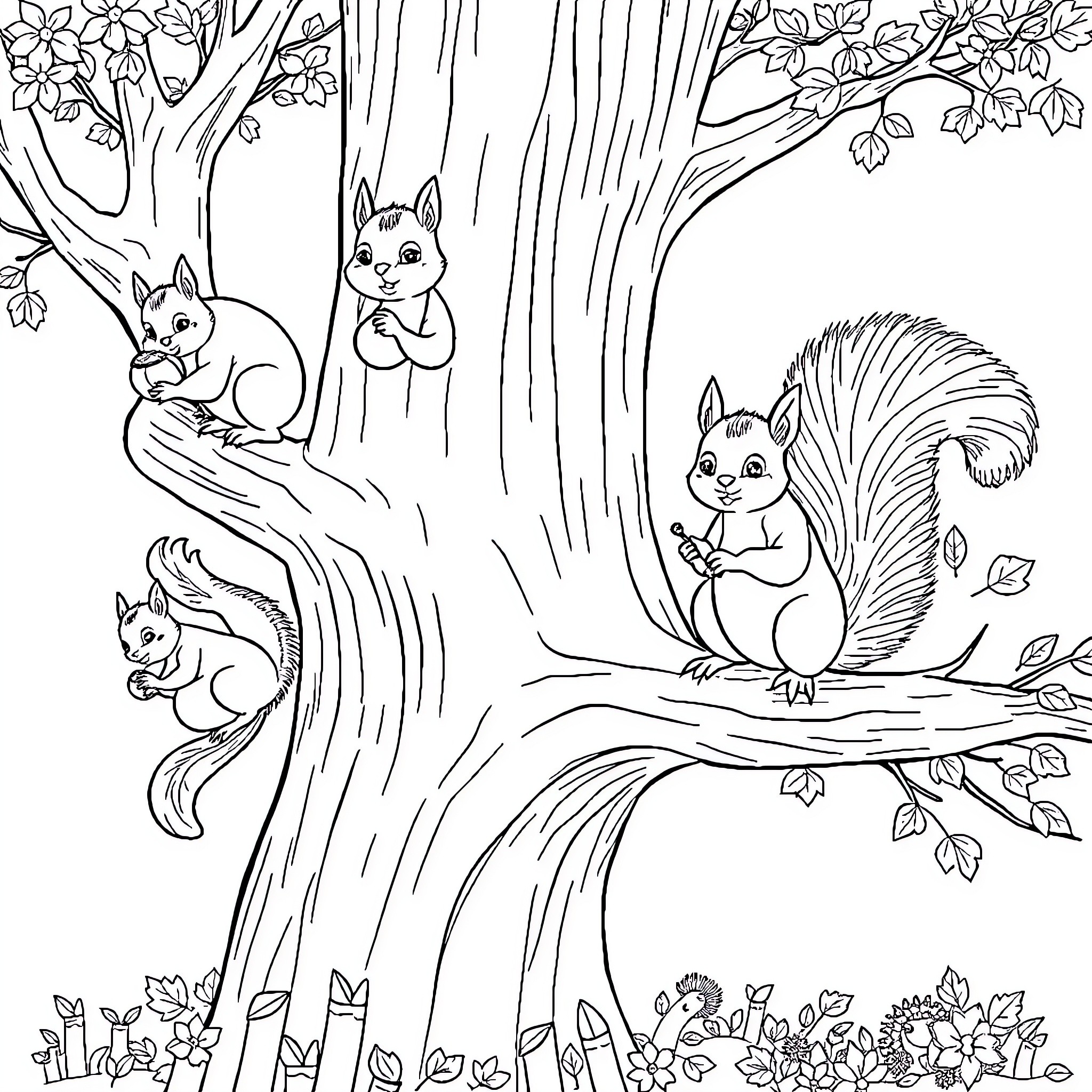 Squirrel friends playing in the forest Coloring Page (free black-and-white line drawing printable PDF for all, from beginners to advanced learners, including children, teens, adults, and seniors)
