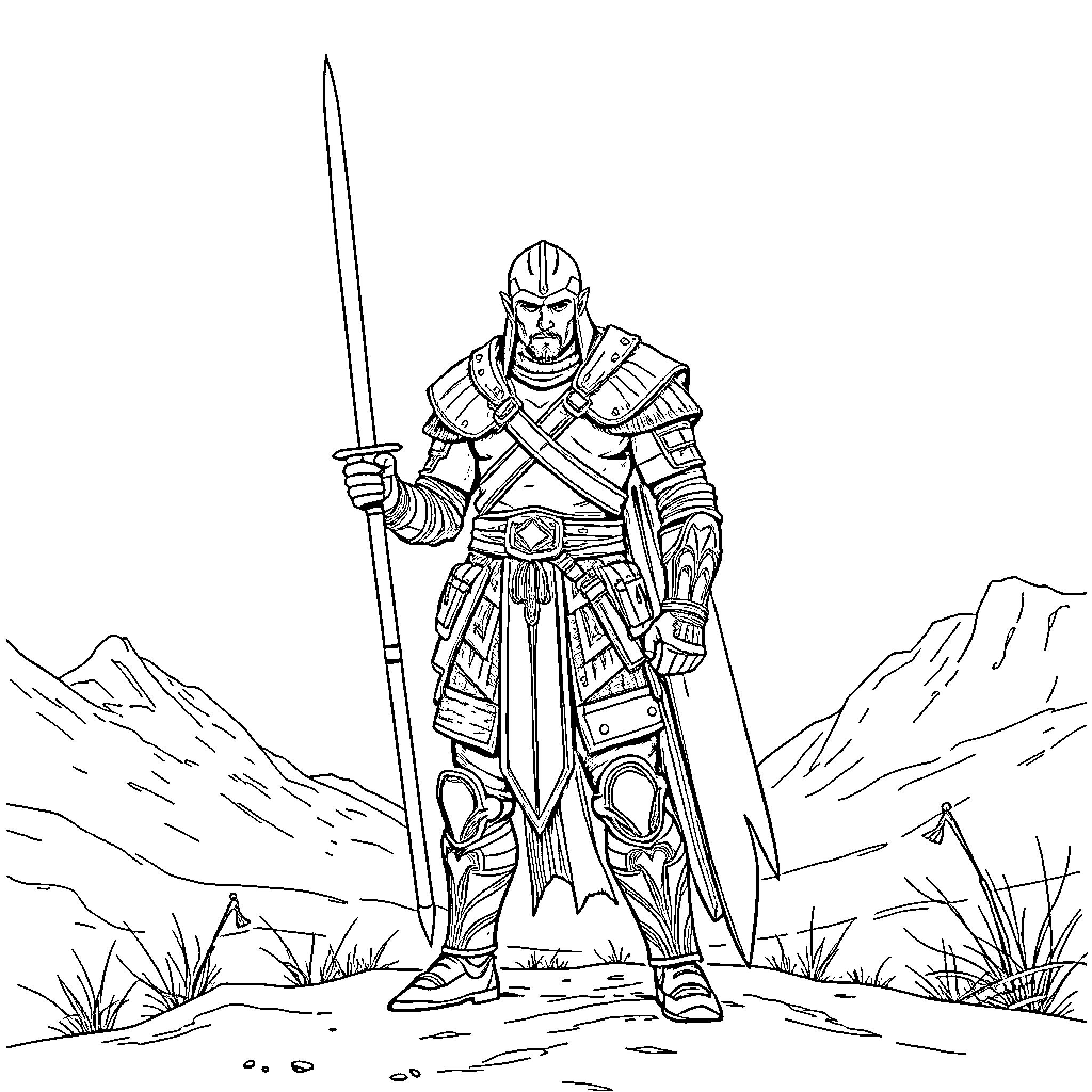 Warrior armed and ready in a rugged landscape Coloring Page (free black-and-white line drawing printable PDF for all, from beginners to advanced learners, including children, teens, adults, and seniors)