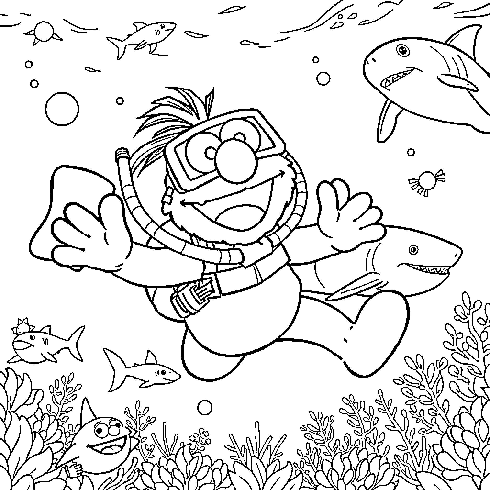 Elmo's Underwater Adventure with Friendly Sharks Coloring Page (free black-and-white line drawing printable PDF for all, from beginners to advanced learners, including children, teens, adults, and seniors)