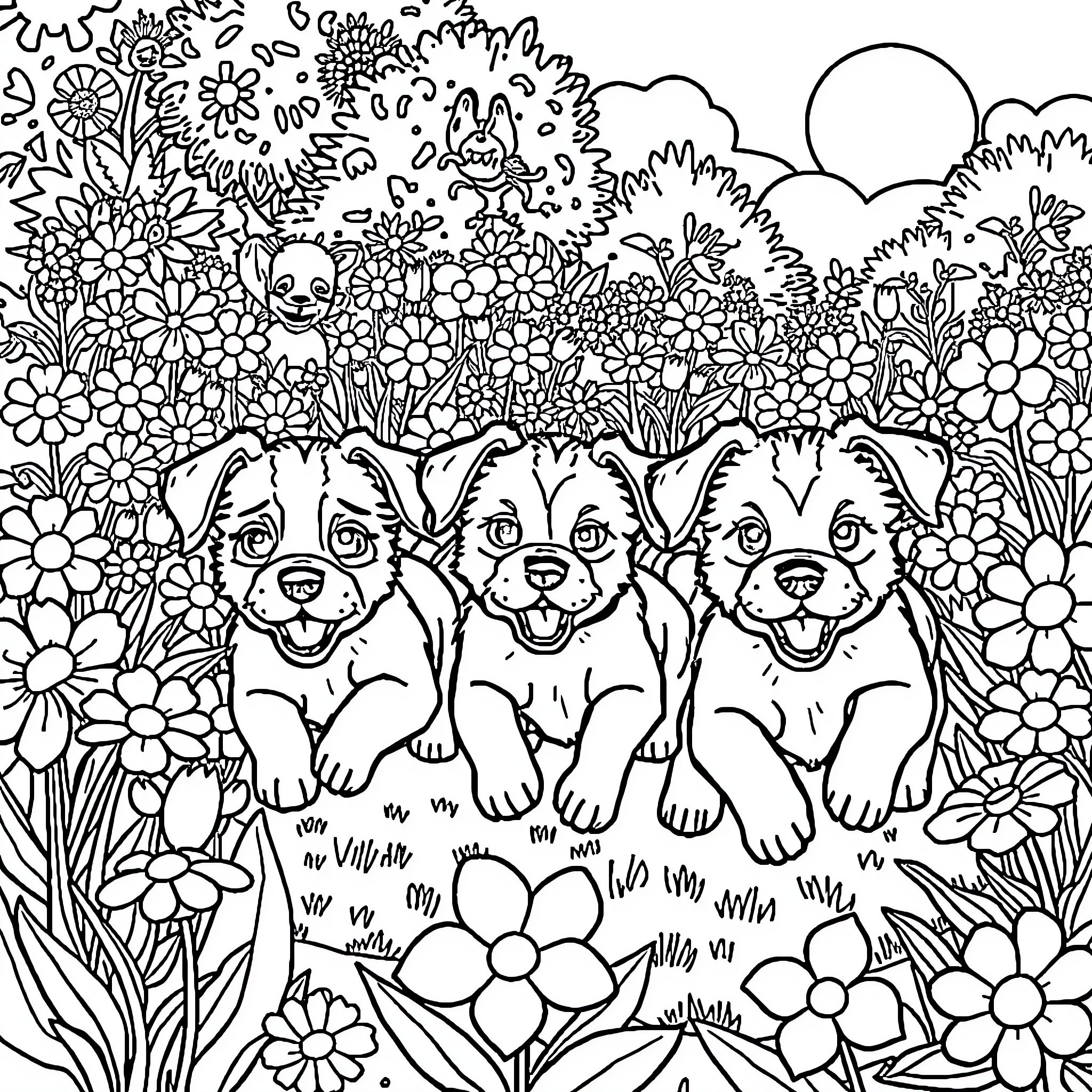 Puppies Playing in the Flower Garden Coloring Page (free black-and-white line drawing printable PDF for all, from beginners to advanced learners, including children, teens, adults, and seniors)
