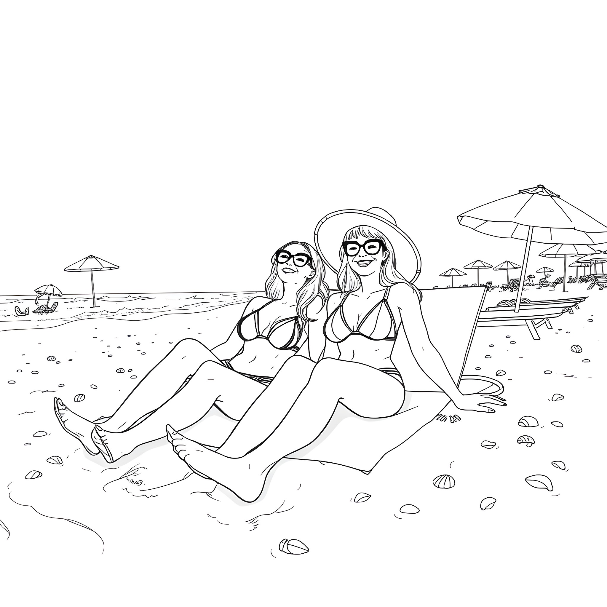 Lady relaxing at the beach with friends Coloring Page (free black-and-white line drawing printable PDF for all, from beginners to advanced learners, including children, teens, adults, and seniors)