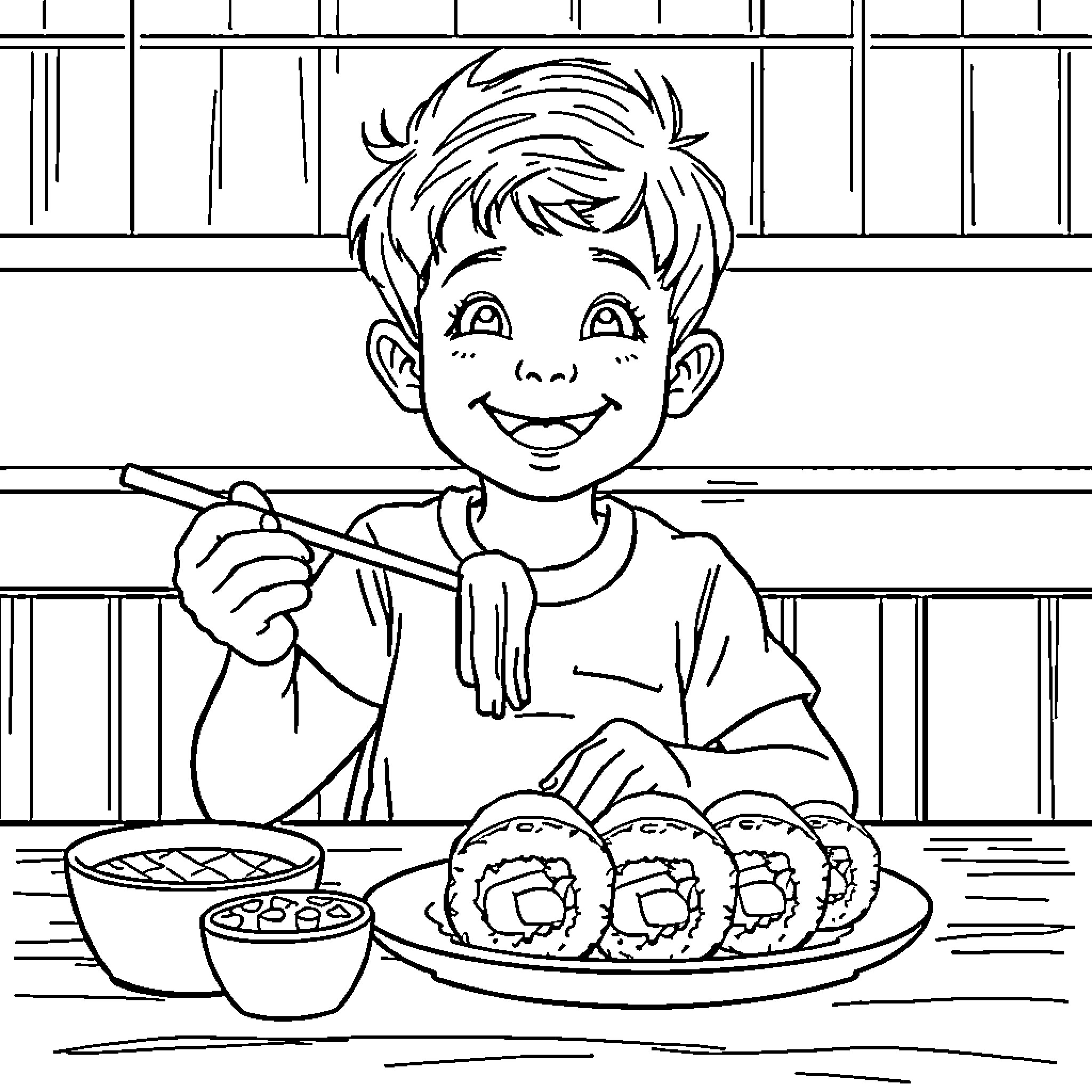 Kid Enjoying Delicious Meal at Home Coloring Page (free black-and-white line drawing printable PDF for all, from beginners to advanced learners, including children, teens, adults, and seniors)