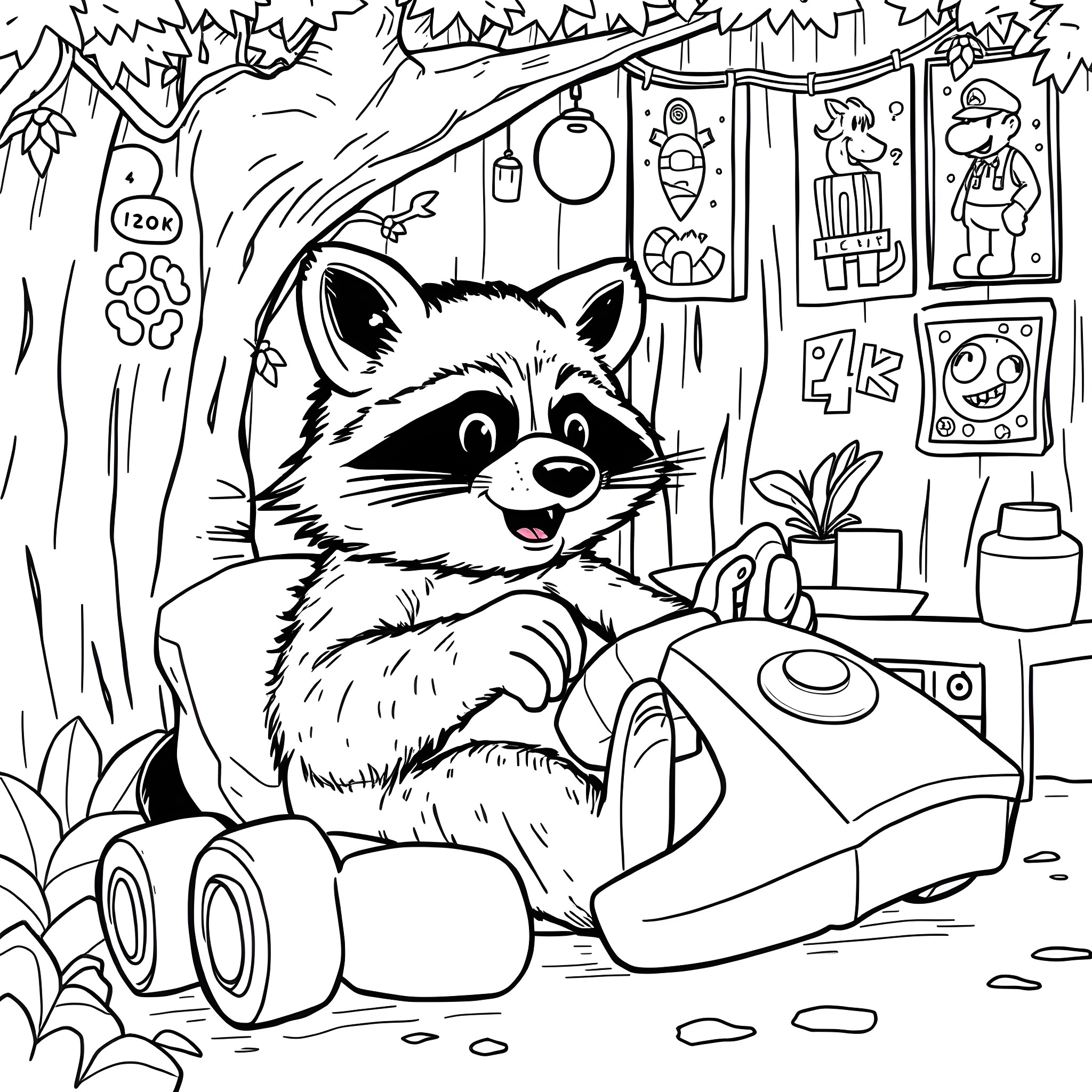 Raccoon playing with toys in the forest Coloring Page (free black-and-white line drawing printable PDF for all, from beginners to advanced learners, including children, teens, adults, and seniors)