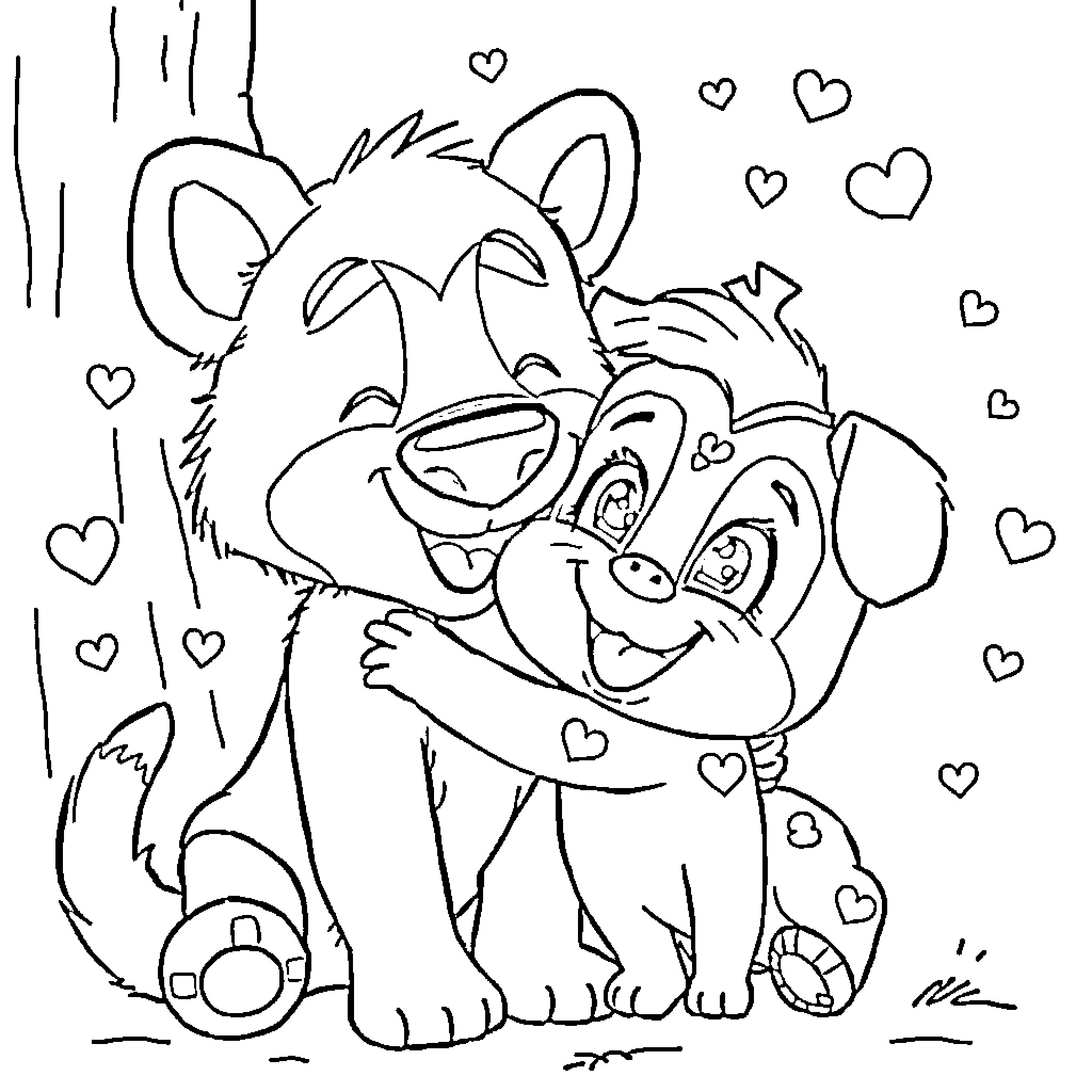 Bluey and Bingo's Playful Embrace Coloring Page (free black-and-white line drawing printable PDF for all, from beginners to advanced learners, including children, teens, adults, and seniors)