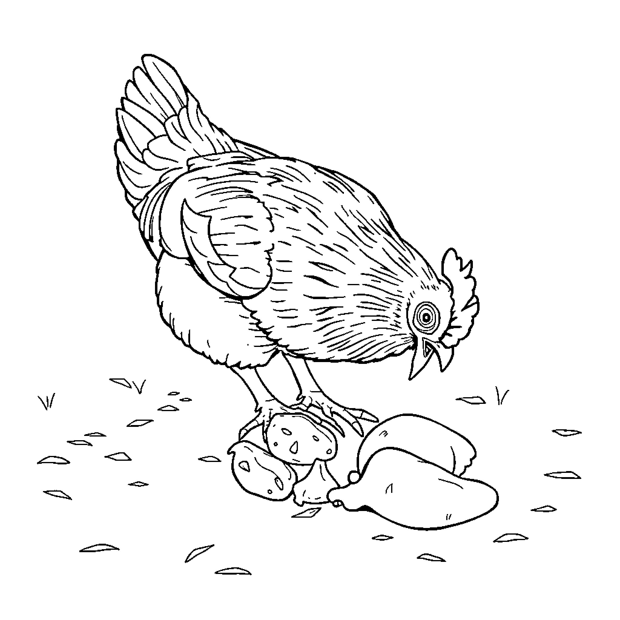 Chicken pecking at its hatchlings in the dirt Coloring Page (free black-and-white line drawing printable PDF for all, from beginners to advanced learners, including children, teens, adults, and seniors)