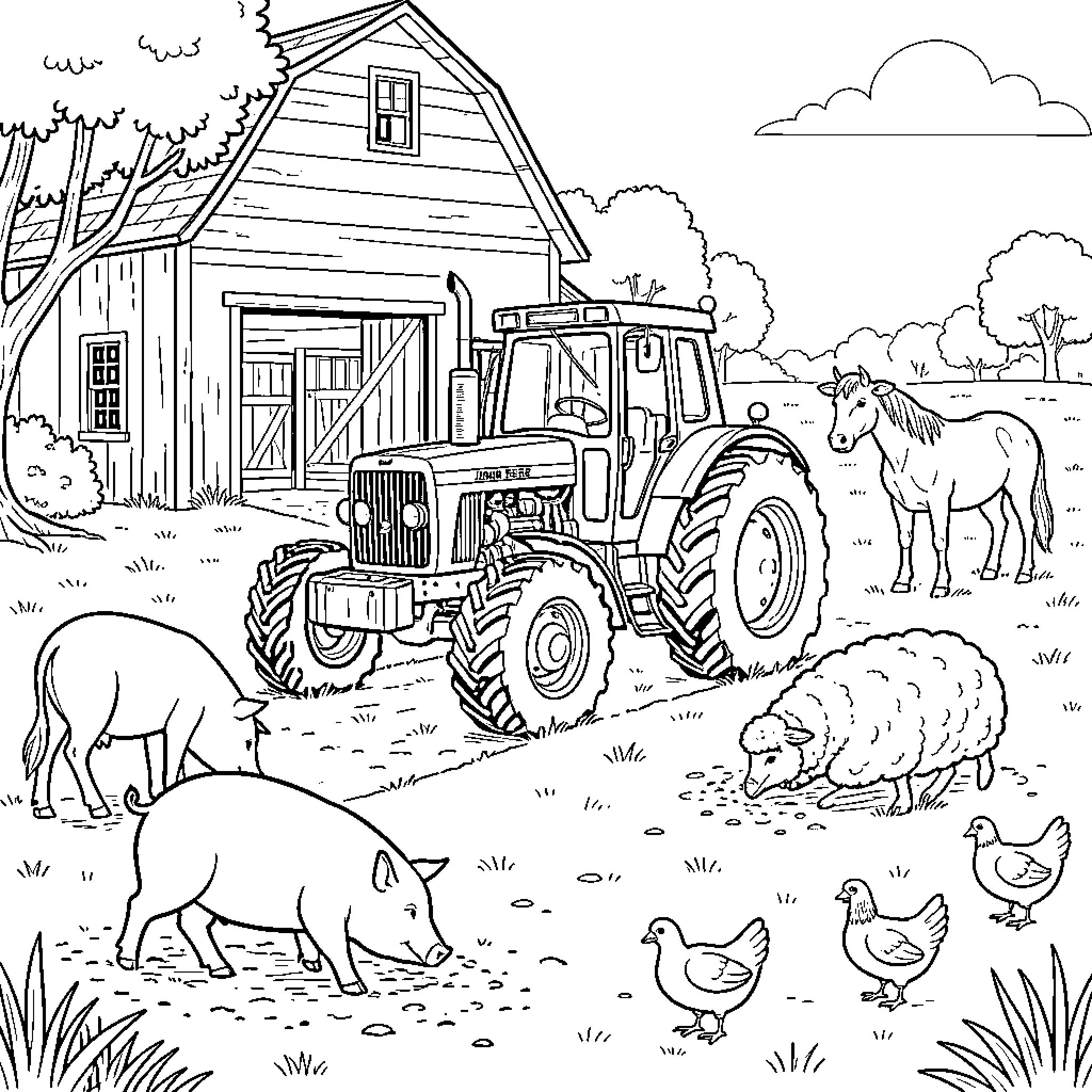 Tractor parked in a farmyard with various animals Coloring Page (free black-and-white line drawing printable PDF for all, from beginners to advanced learners, including children, teens, adults, and seniors)