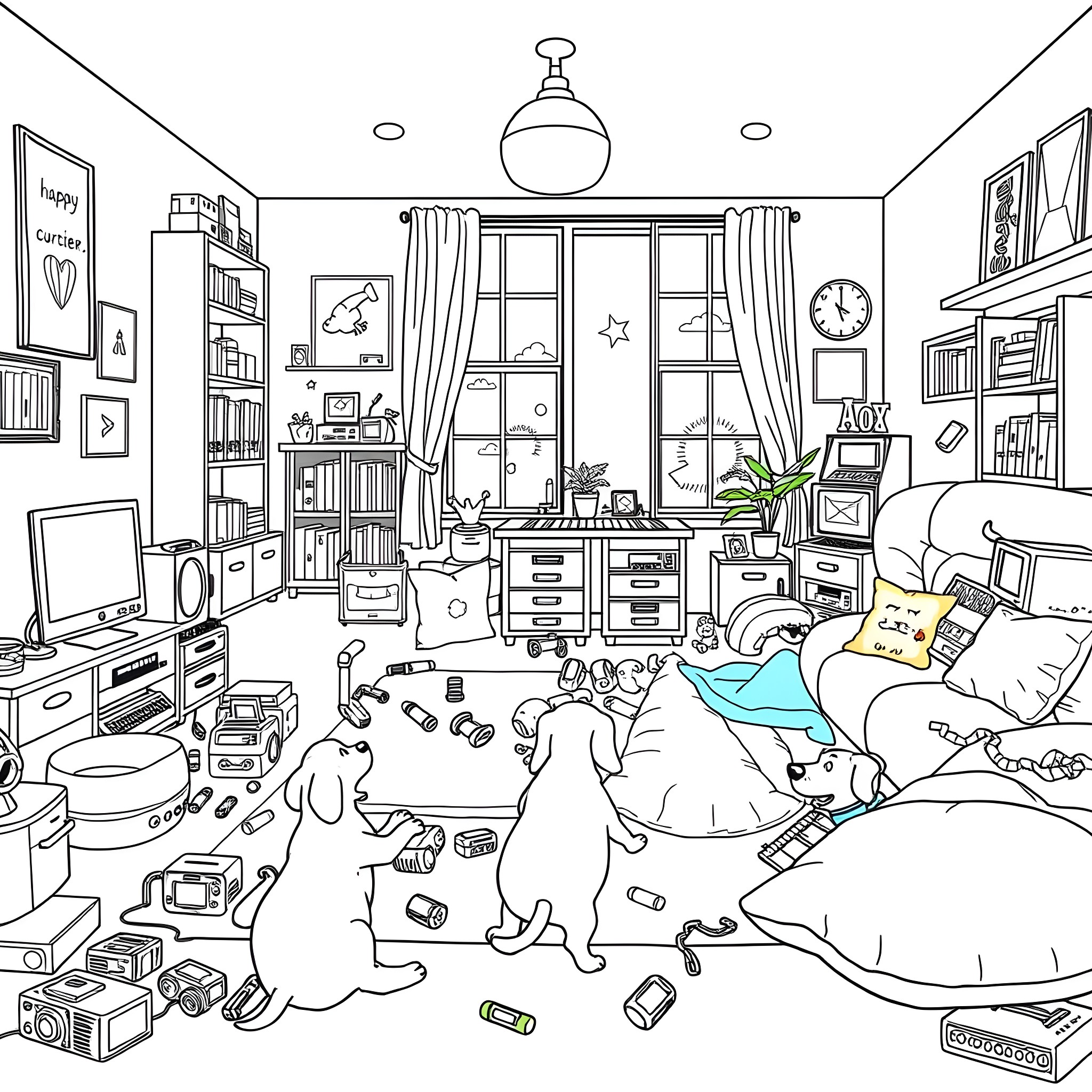 Child's messy yet cozy bedroom with toys and electronics Coloring Page (free black-and-white line drawing printable PDF for all, from beginners to advanced learners, including children, teens, adults, and seniors)