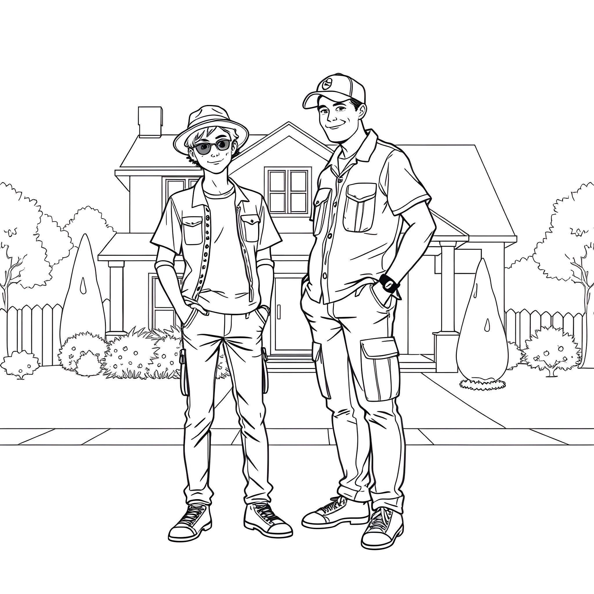 Teen explorers venture into the neighborhood Coloring Page (free black-and-white line drawing printable PDF for all, from beginners to advanced learners, including children, teens, adults, and seniors)