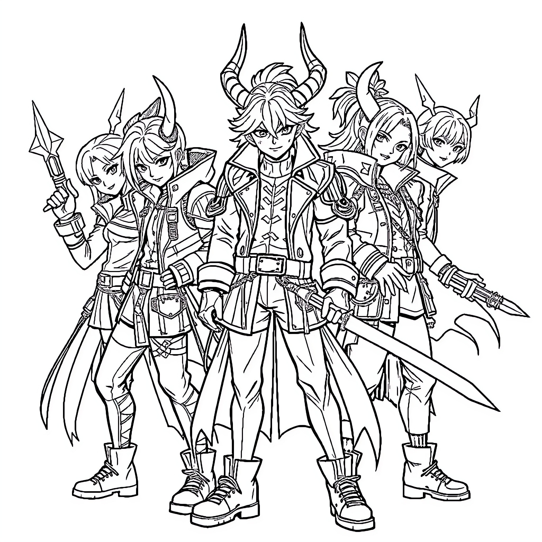 Kpop Demon Hunter Group Poses Heroically Coloring Page (free black-and-white line drawing printable PDF for all, from beginners to advanced learners, including children, teens, adults, and seniors)