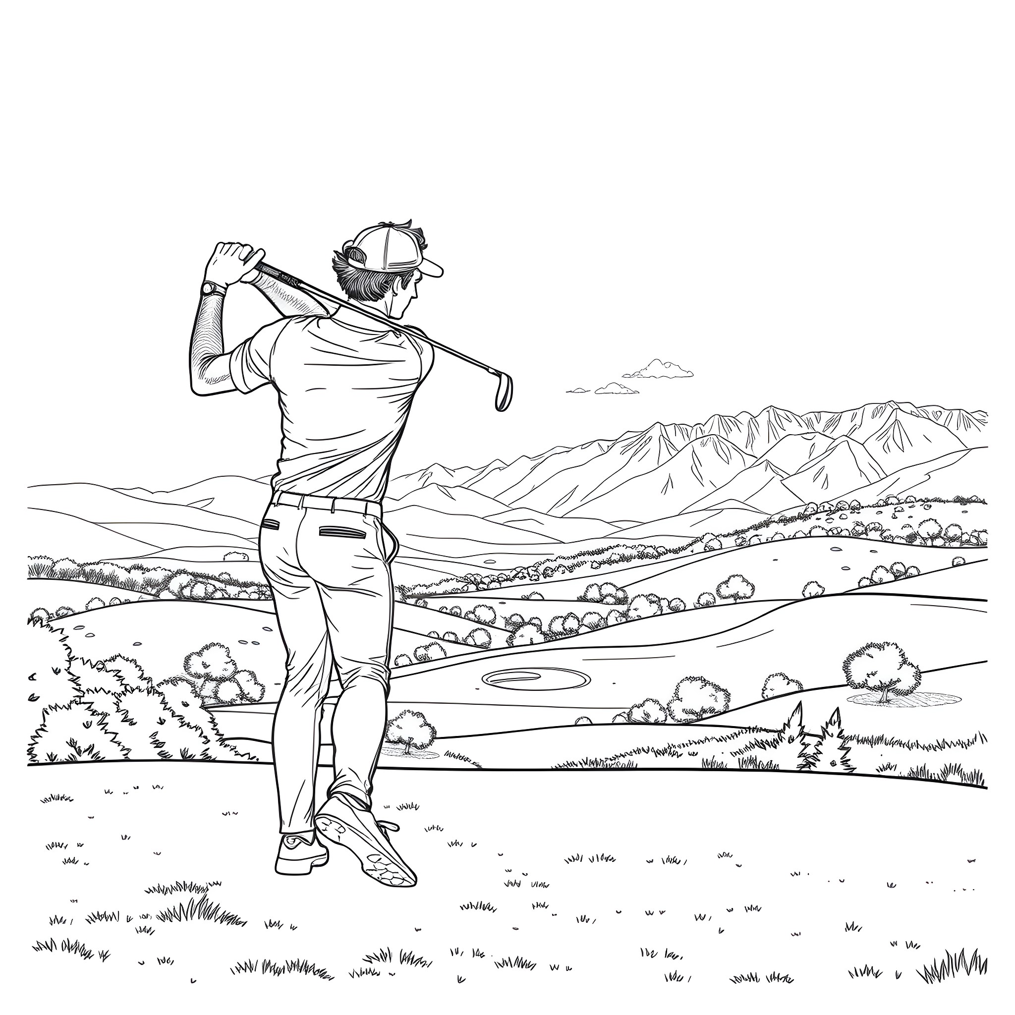 Roger Federer golfing in scenic mountain landscape Coloring Page (free black-and-white line drawing printable PDF for all, from beginners to advanced learners, including children, teens, adults, and seniors)