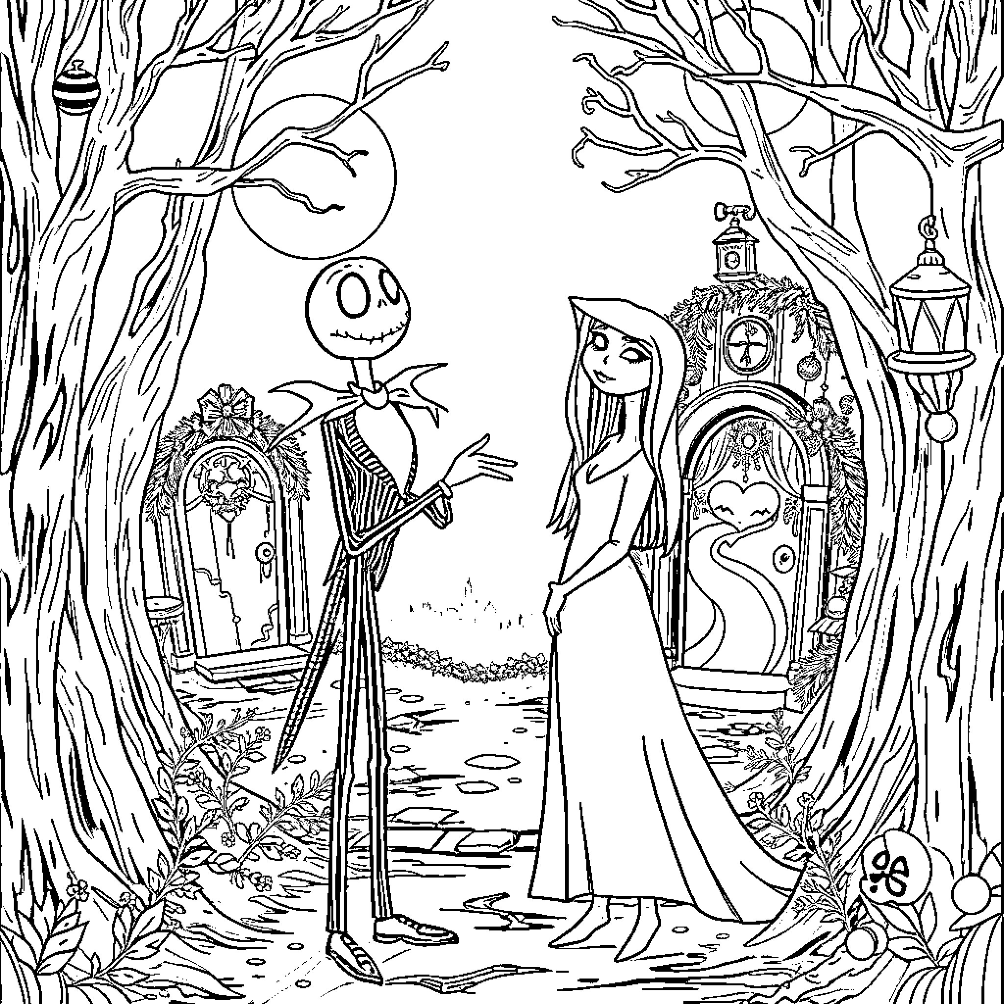 Jack and the Spooky Encounter in the Enchanted Forest Coloring Page (free black-and-white line drawing printable PDF for all, from beginners to advanced learners, including children, teens, adults, and seniors)