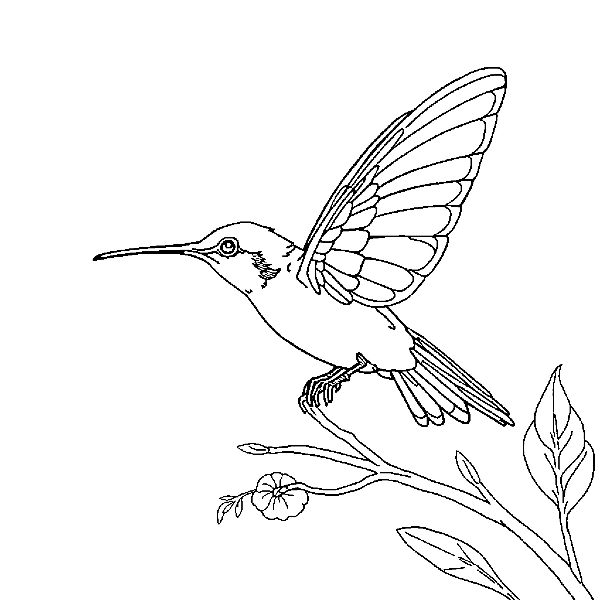 Butterfly hummingbird among flowers Coloring Page (free black-and-white line drawing printable PDF for all, from beginners to advanced learners, including children, teens, adults, and seniors)