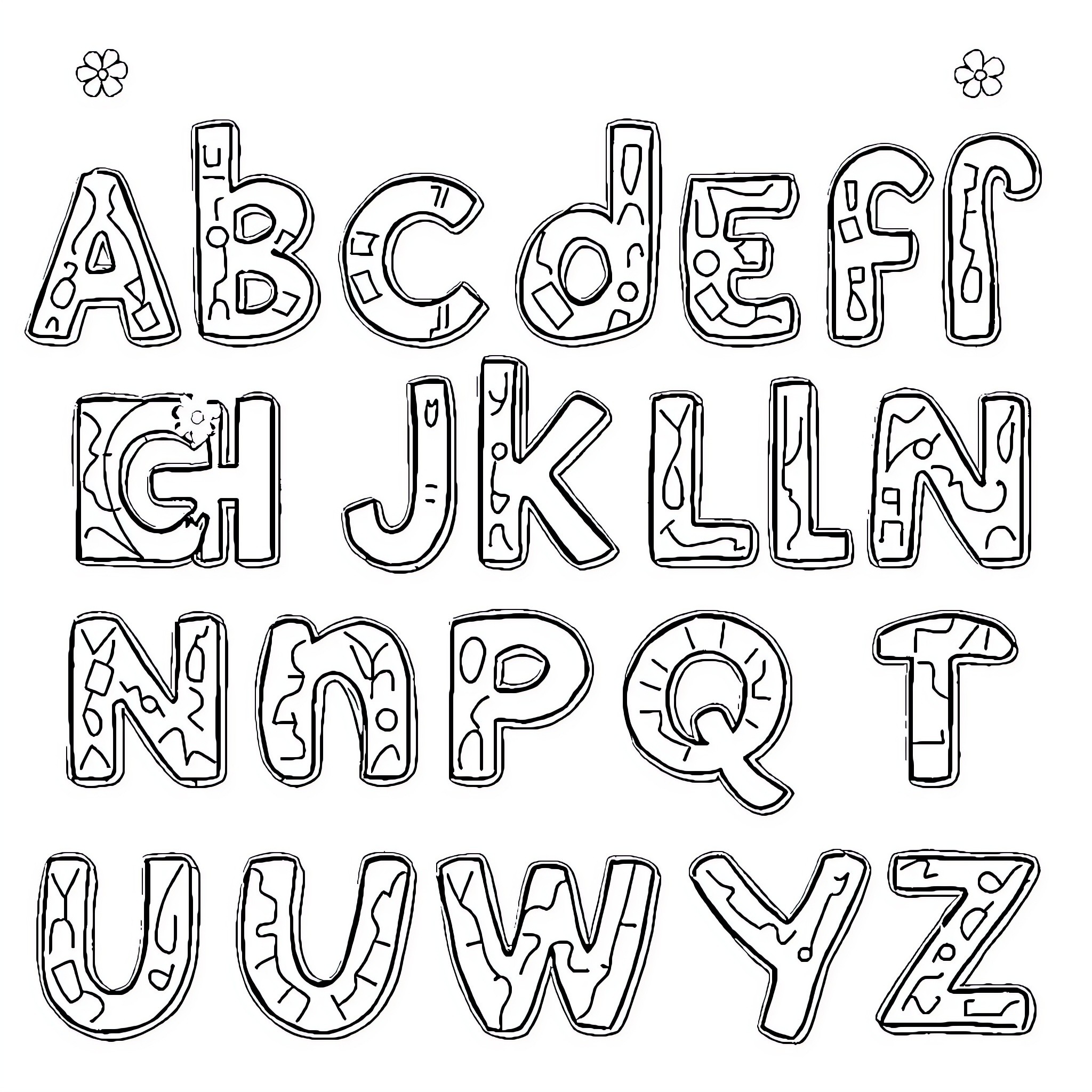 Alphabet letters with whimsical patterns and shapes Coloring Page (free black-and-white line drawing printable PDF for all, from beginners to advanced learners, including children, teens, adults, and seniors)