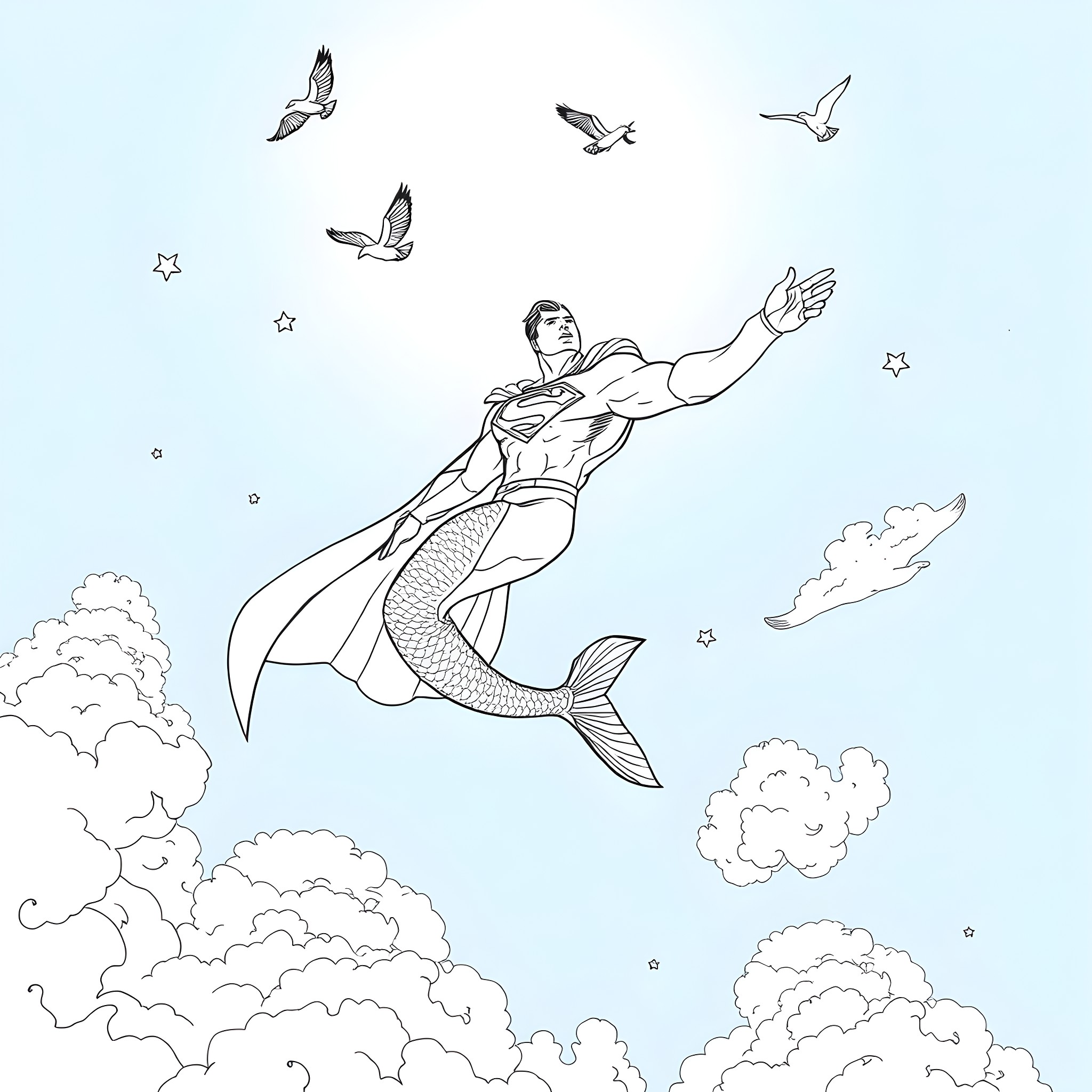 Superman as a mermaid soaring through the clouds Coloring Page (free black-and-white line drawing printable PDF for all, from beginners to advanced learners, including children, teens, adults, and seniors)