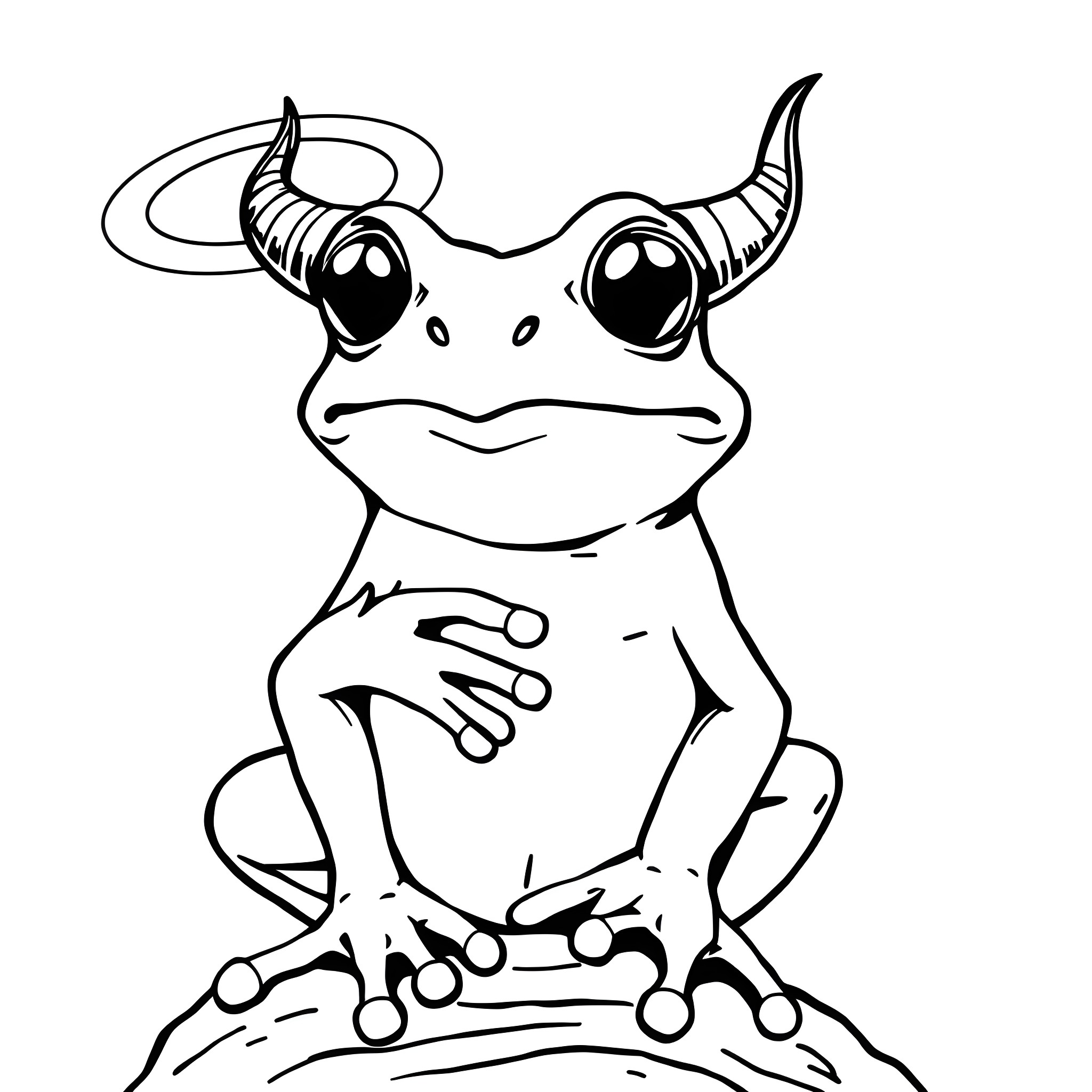 Frog with funny expression and halo Coloring Page (free black-and-white line drawing printable PDF for all, from beginners to advanced learners, including children, teens, adults, and seniors)