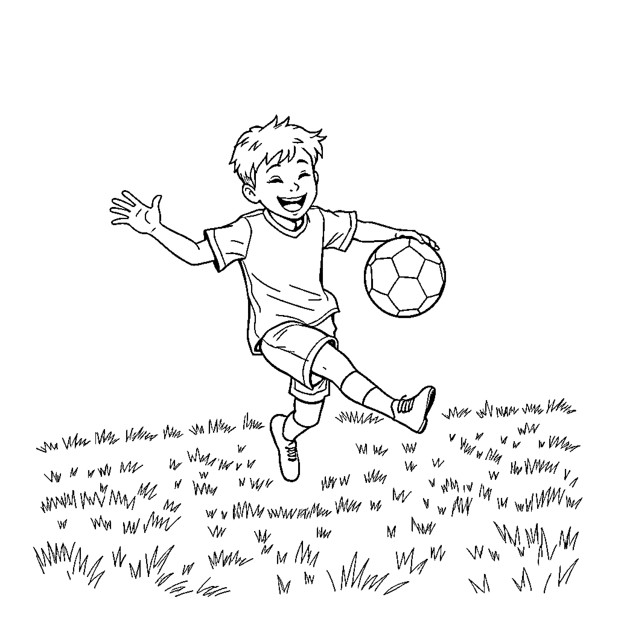 Boy happily kicking soccer ball in the grass Coloring Page (free black-and-white line drawing printable PDF for all, from beginners to advanced learners, including children, teens, adults, and seniors)