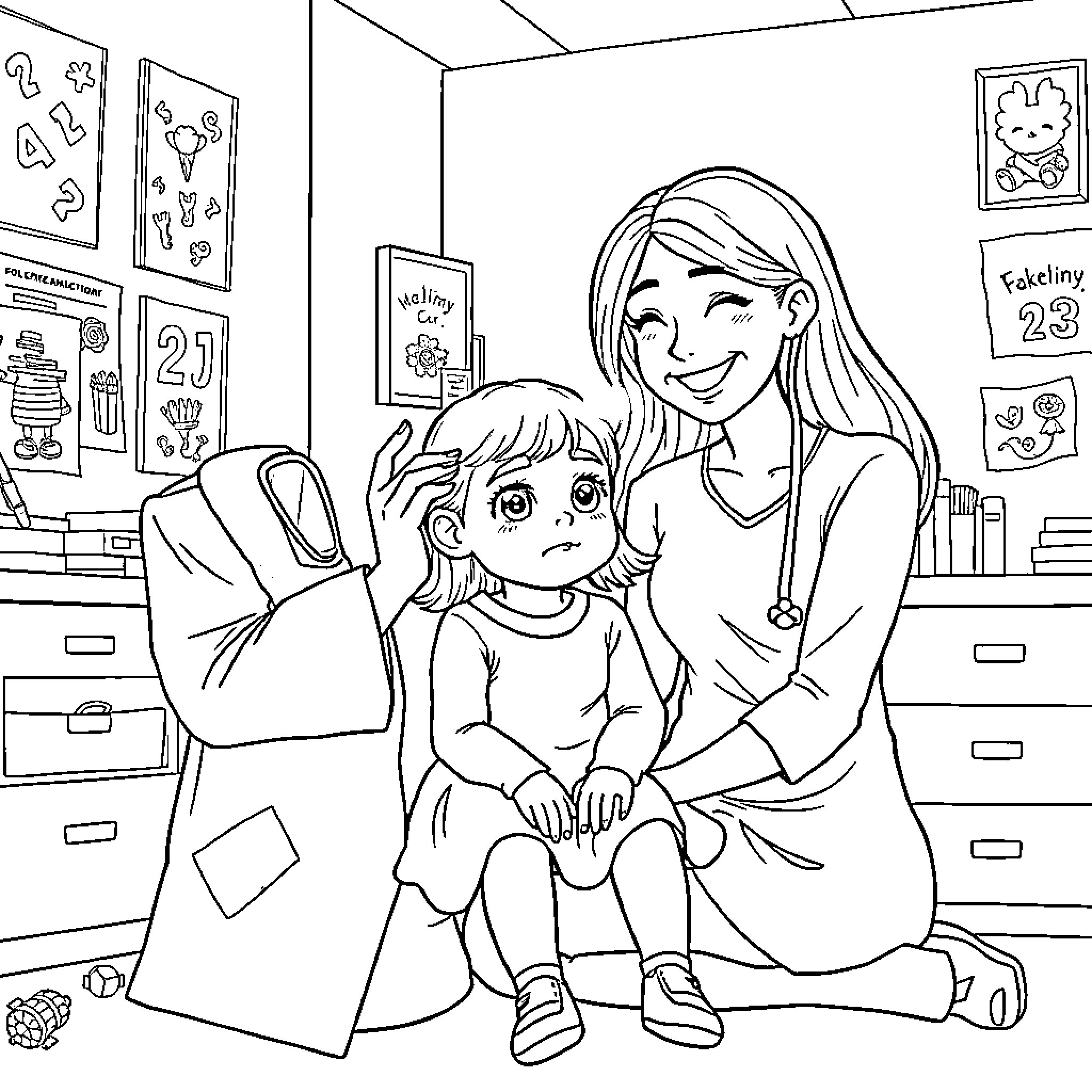Girl comforting a sad child in a room with drawings Coloring Page (free black-and-white line drawing printable PDF for all, from beginners to advanced learners, including children, teens, adults, and seniors)