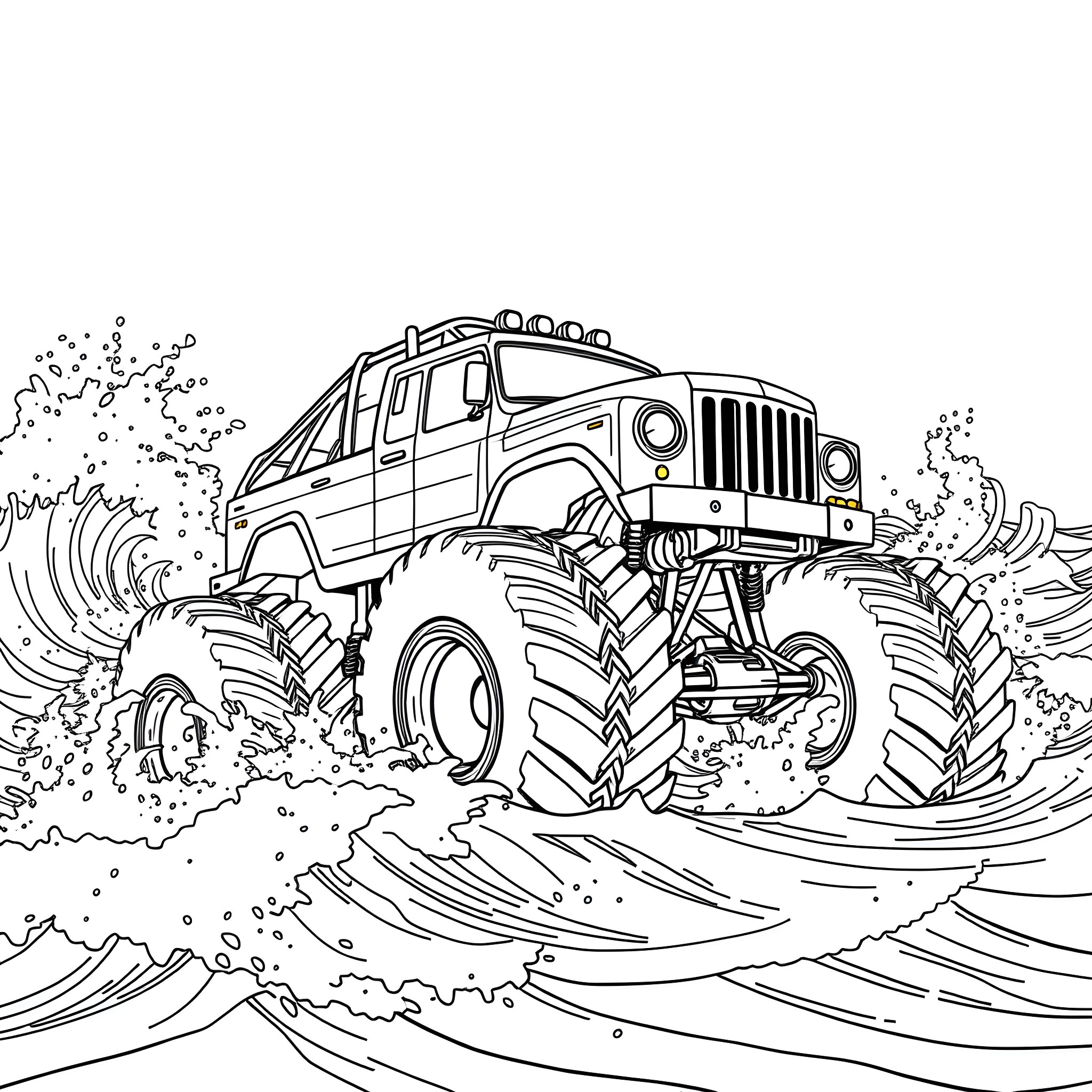Megalodon Monster Truck Navigating through Rugged Terrain Coloring Page (free black-and-white line drawing printable PDF for all, from beginners to advanced learners, including children, teens, adults, and seniors)