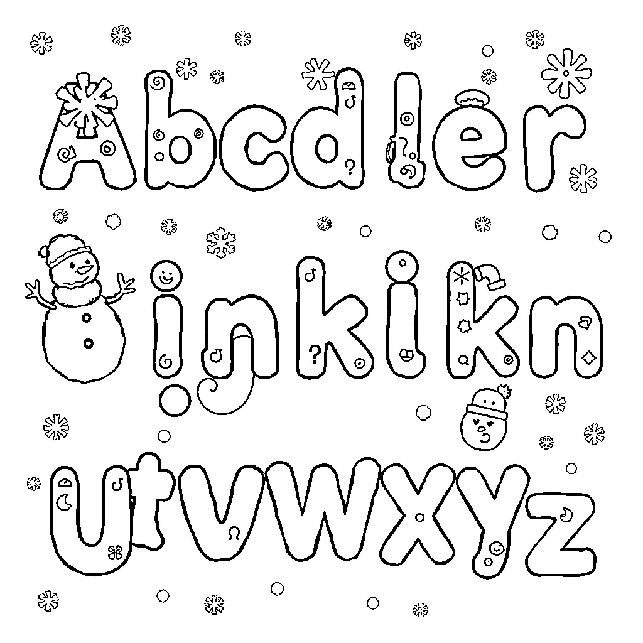 Alphabet with winter themed images and decorations Coloring Page (free black-and-white line drawing printable PDF for all, from beginners to advanced learners, including children, teens, adults, and seniors)