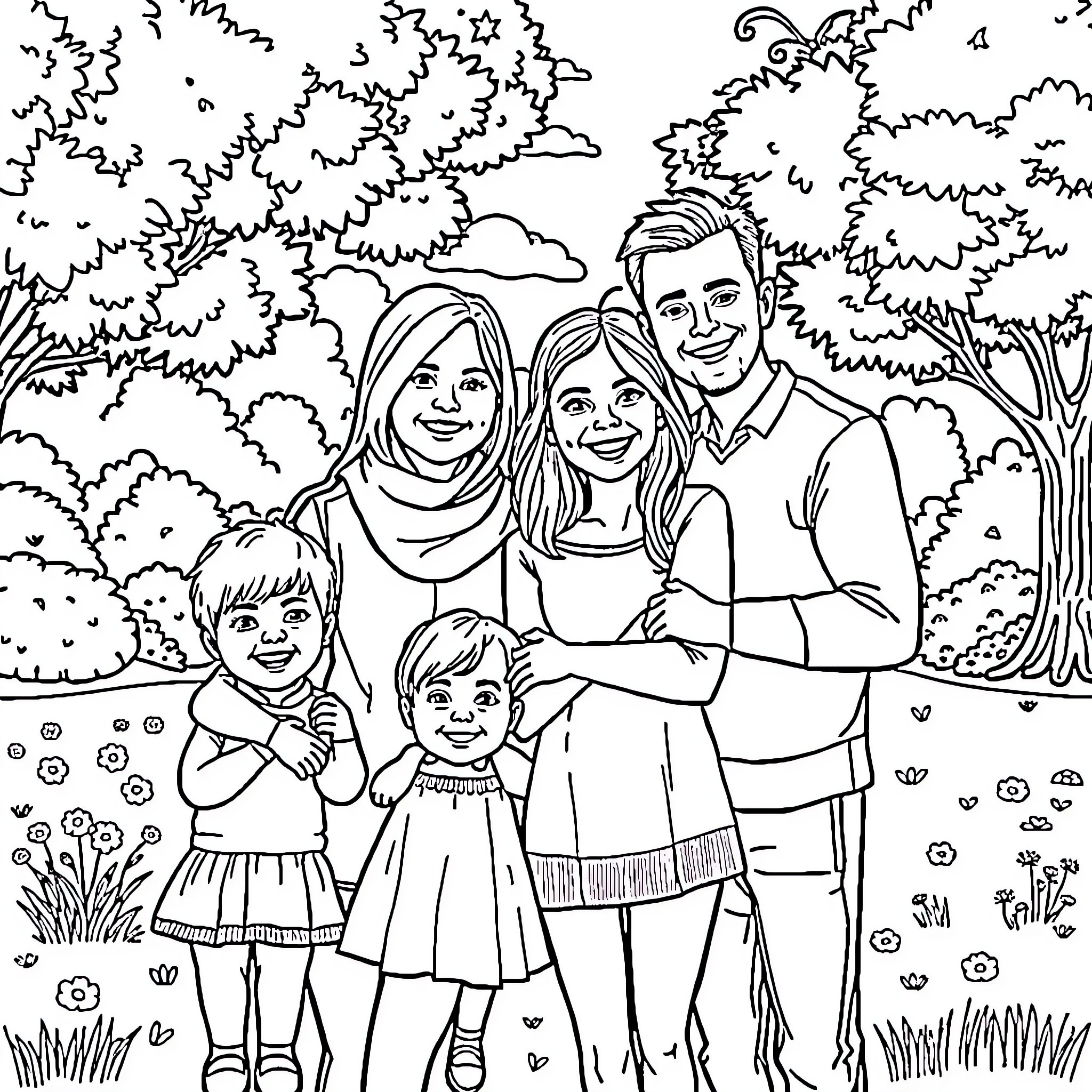 Family enjoying nature together in a peaceful setting Coloring Page (free black-and-white line drawing printable PDF for all, from beginners to advanced learners, including children, teens, adults, and seniors)