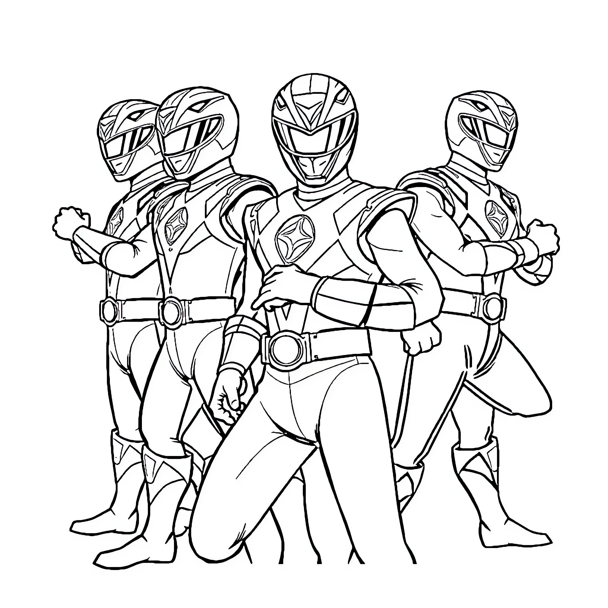 Power Rangers Posing Together Heroically Coloring Page (free black-and-white line drawing printable PDF for all, from beginners to advanced learners, including children, teens, adults, and seniors)