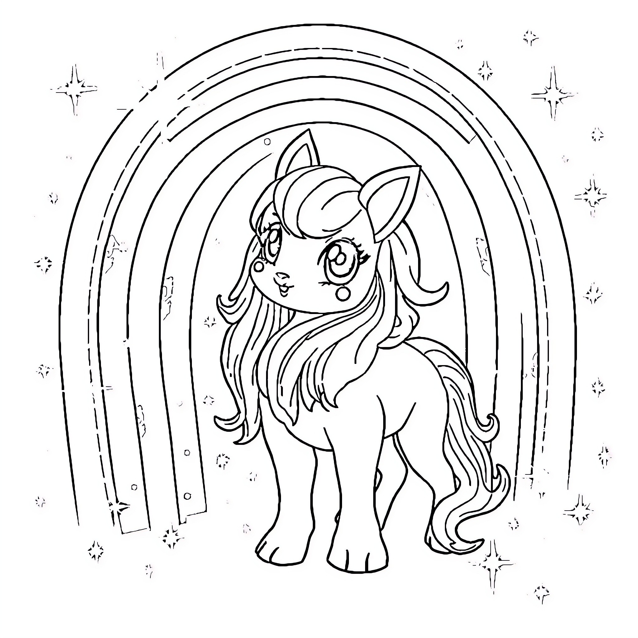 Evoli pony posing in the enchanted meadow Coloring Page (free black-and-white line drawing printable PDF for all, from beginners to advanced learners, including children, teens, adults, and seniors)