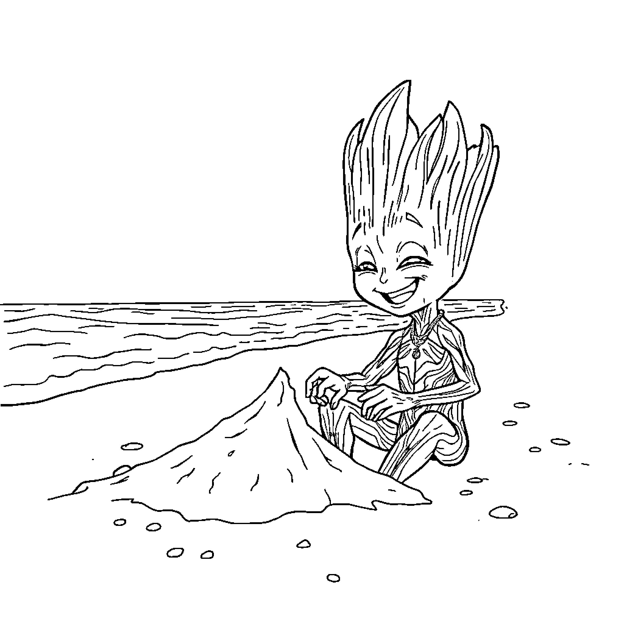 Groot playing with sand at the beach Coloring Page (free black-and-white line drawing printable PDF for all, from beginners to advanced learners, including children, teens, adults, and seniors)