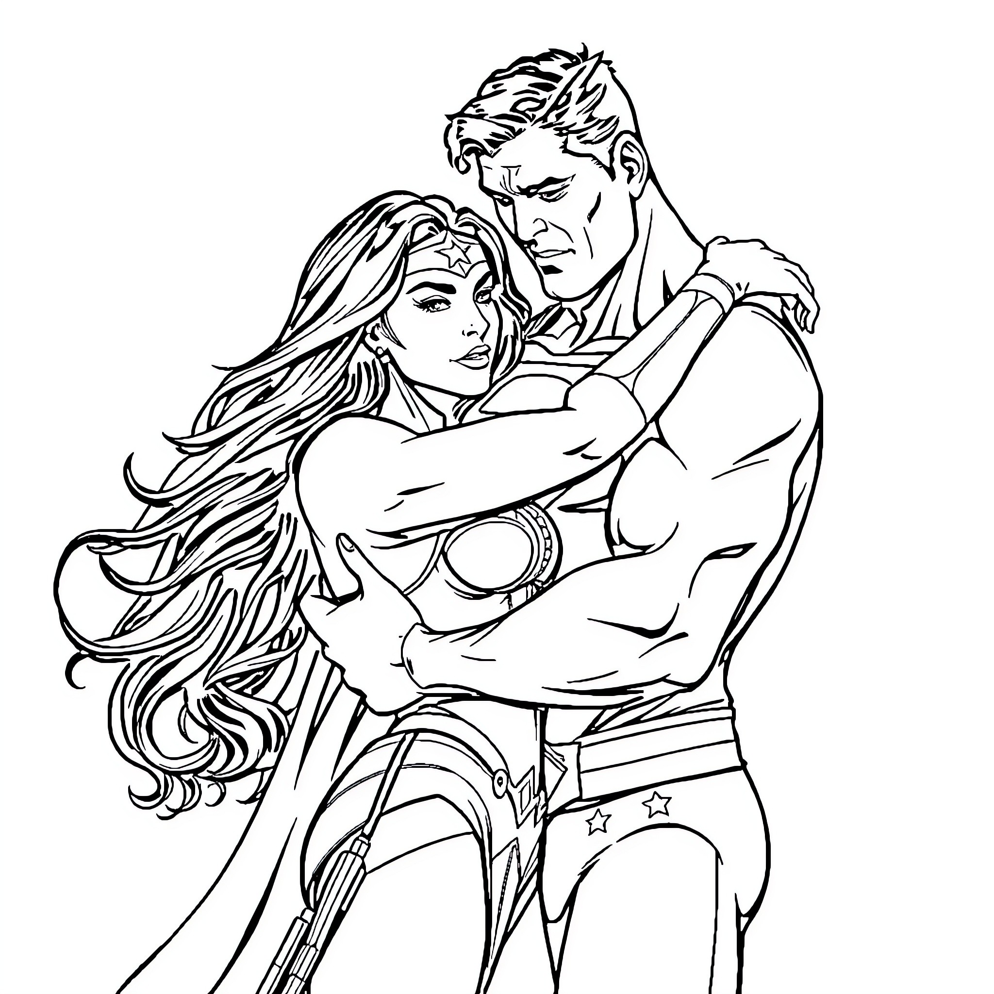 Superman embracing his powerful partner Coloring Page (free black-and-white line drawing printable PDF for all, from beginners to advanced learners, including children, teens, adults, and seniors)