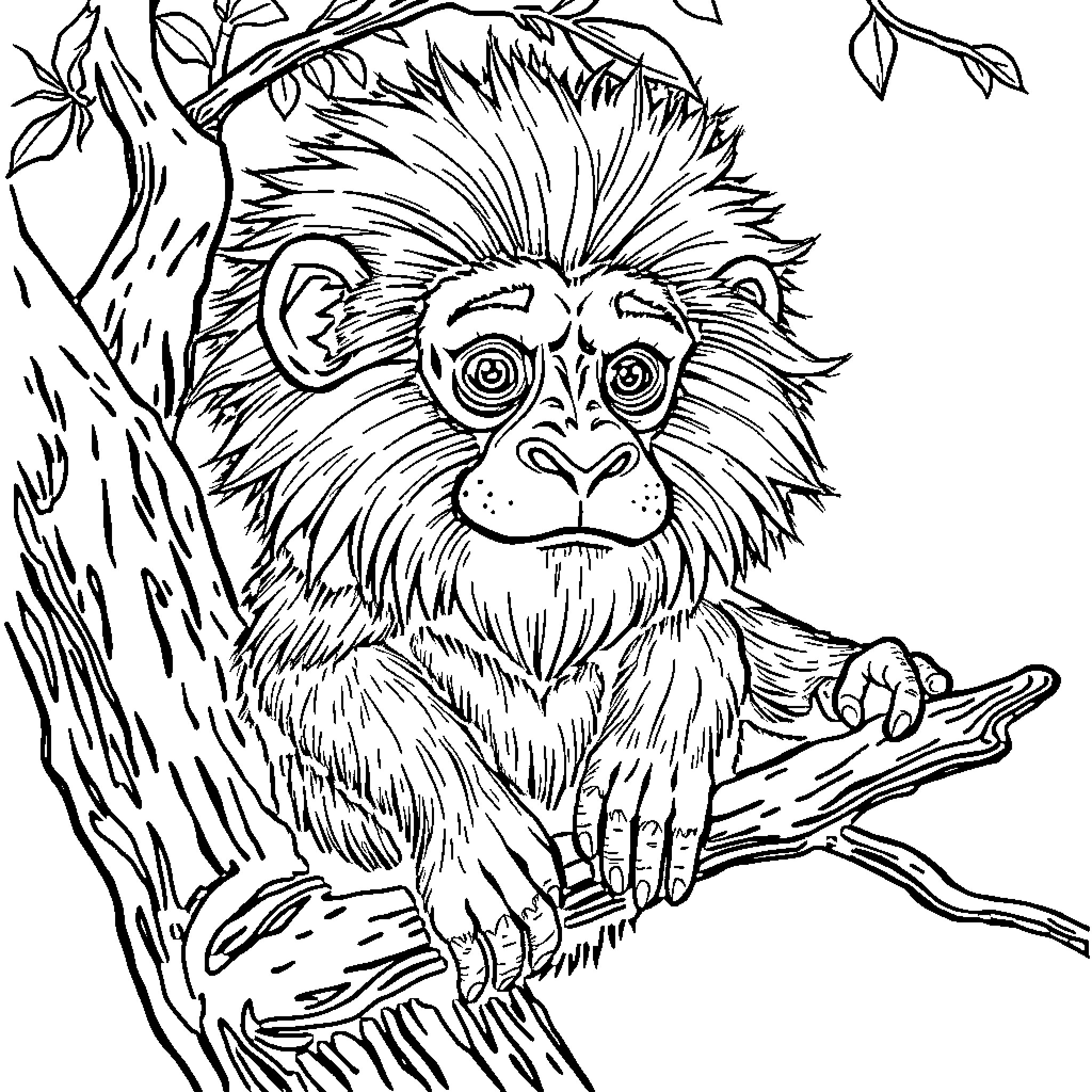 Monkey climbing a tree with leaves Coloring Page (free black-and-white line drawing printable PDF for all, from beginners to advanced learners, including children, teens, adults, and seniors)