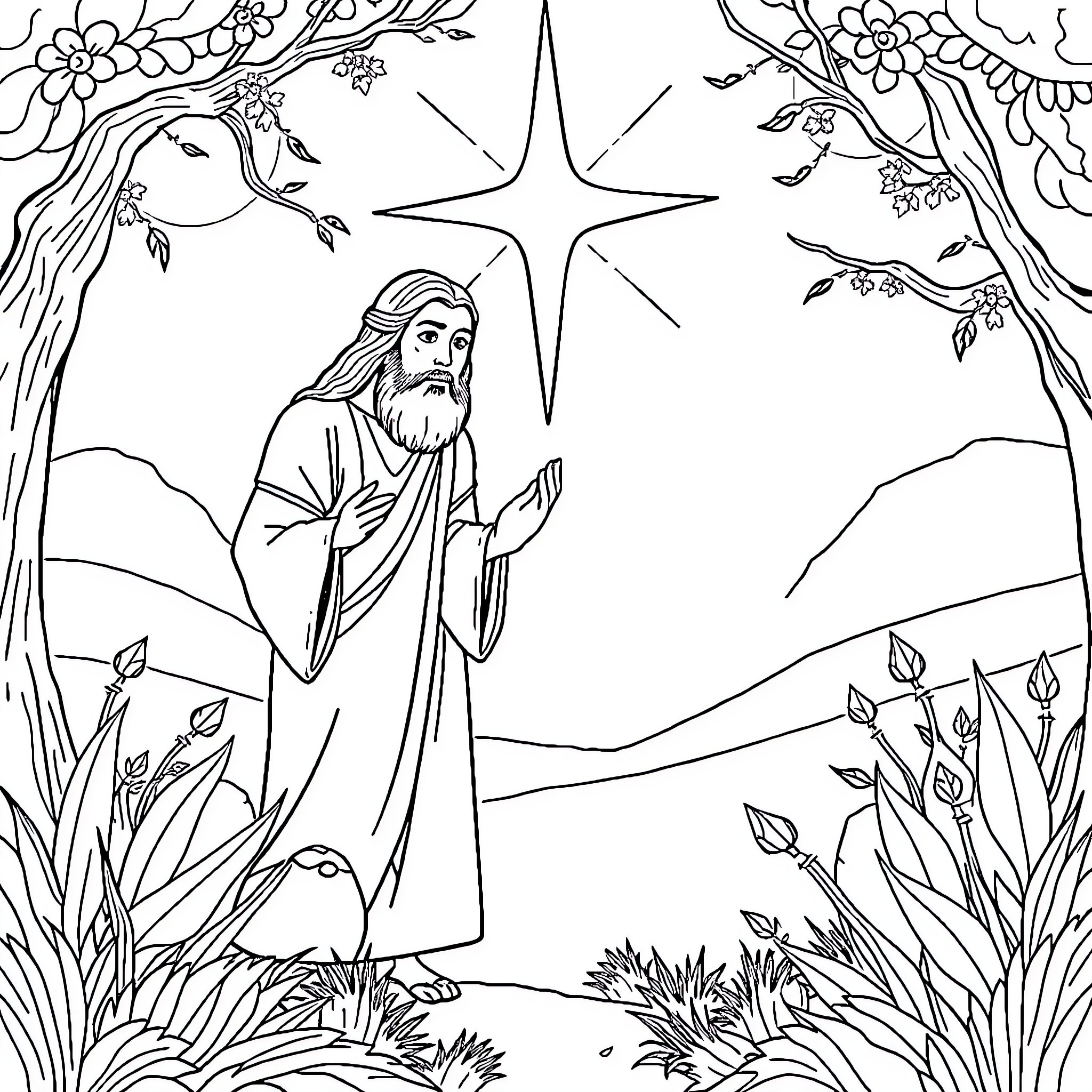 Bible scene of Jesus praying under the night sky Coloring Page (free black-and-white line drawing printable PDF for all, from beginners to advanced learners, including children, teens, adults, and seniors)