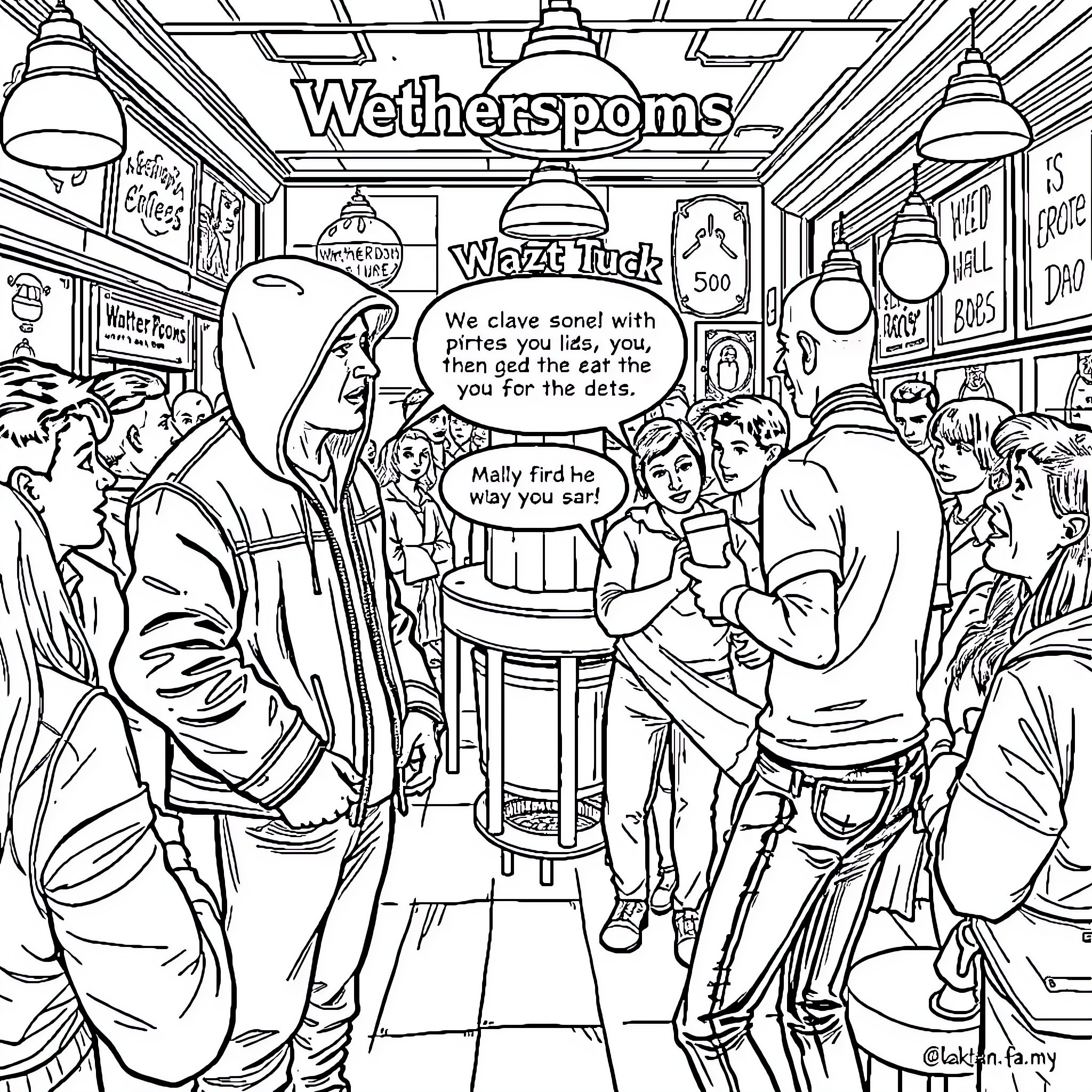 Eminem Performs for Enthusiastic Crowd in Retro Diner Setting Coloring Page (free black-and-white line drawing printable PDF for all, from beginners to advanced learners, including children, teens, adults, and seniors)