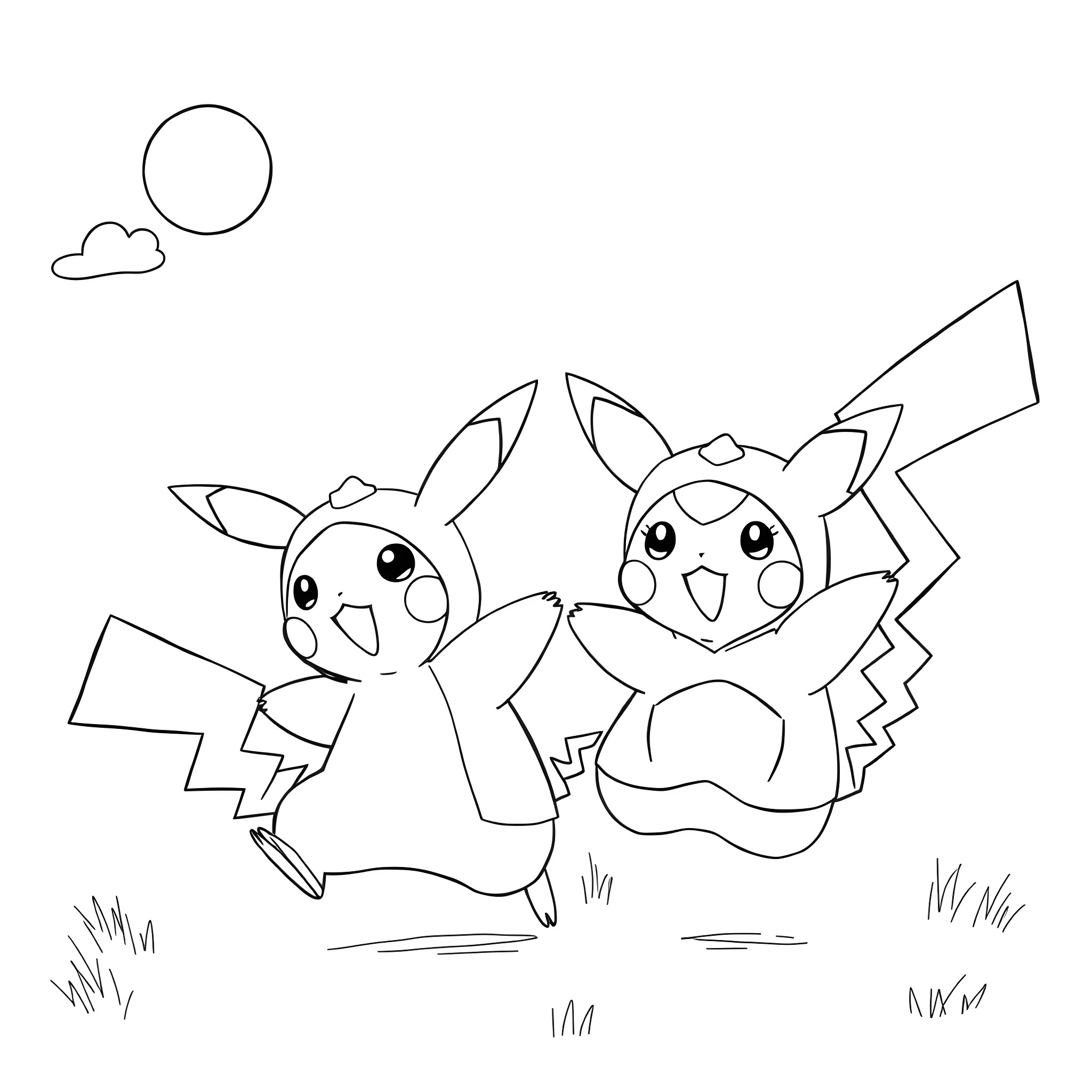 Pikachu and friends having fun outdoors Coloring Page (free black-and-white line drawing printable PDF for all, from beginners to advanced learners, including children, teens, adults, and seniors)