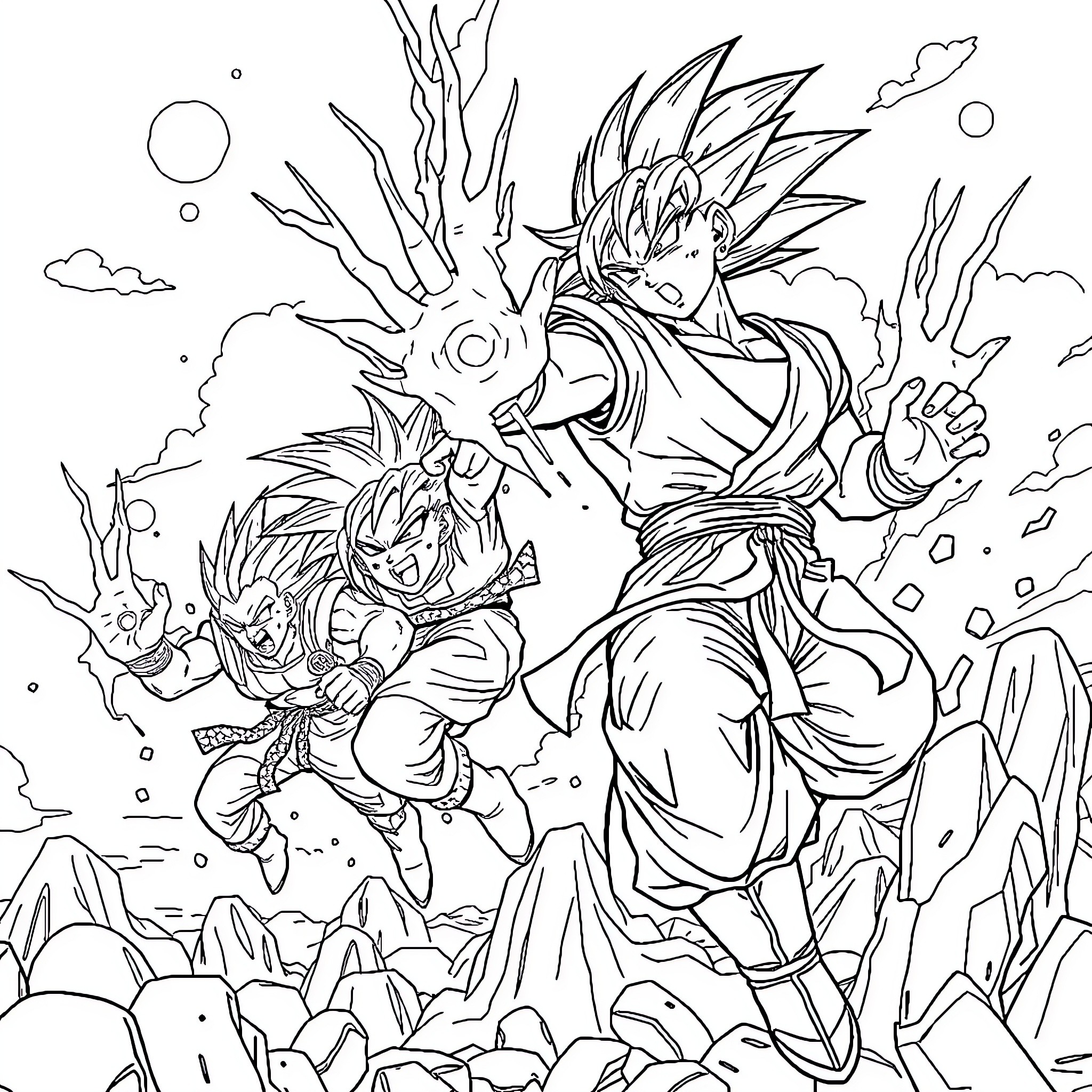 Dragonball characters in epic battle scene Coloring Page (free black-and-white line drawing printable PDF for all, from beginners to advanced learners, including children, teens, adults, and seniors)