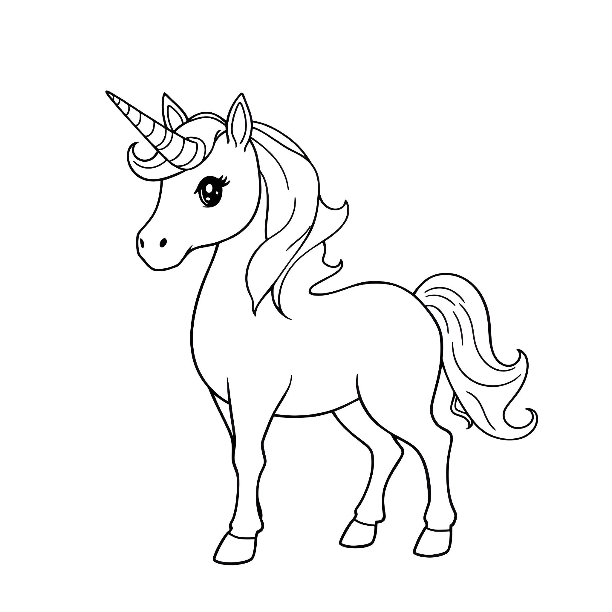 Unicorn with cute expression and elegant pose Coloring Page (free black-and-white line drawing printable PDF for all, from beginners to advanced learners, including children, teens, adults, and seniors)