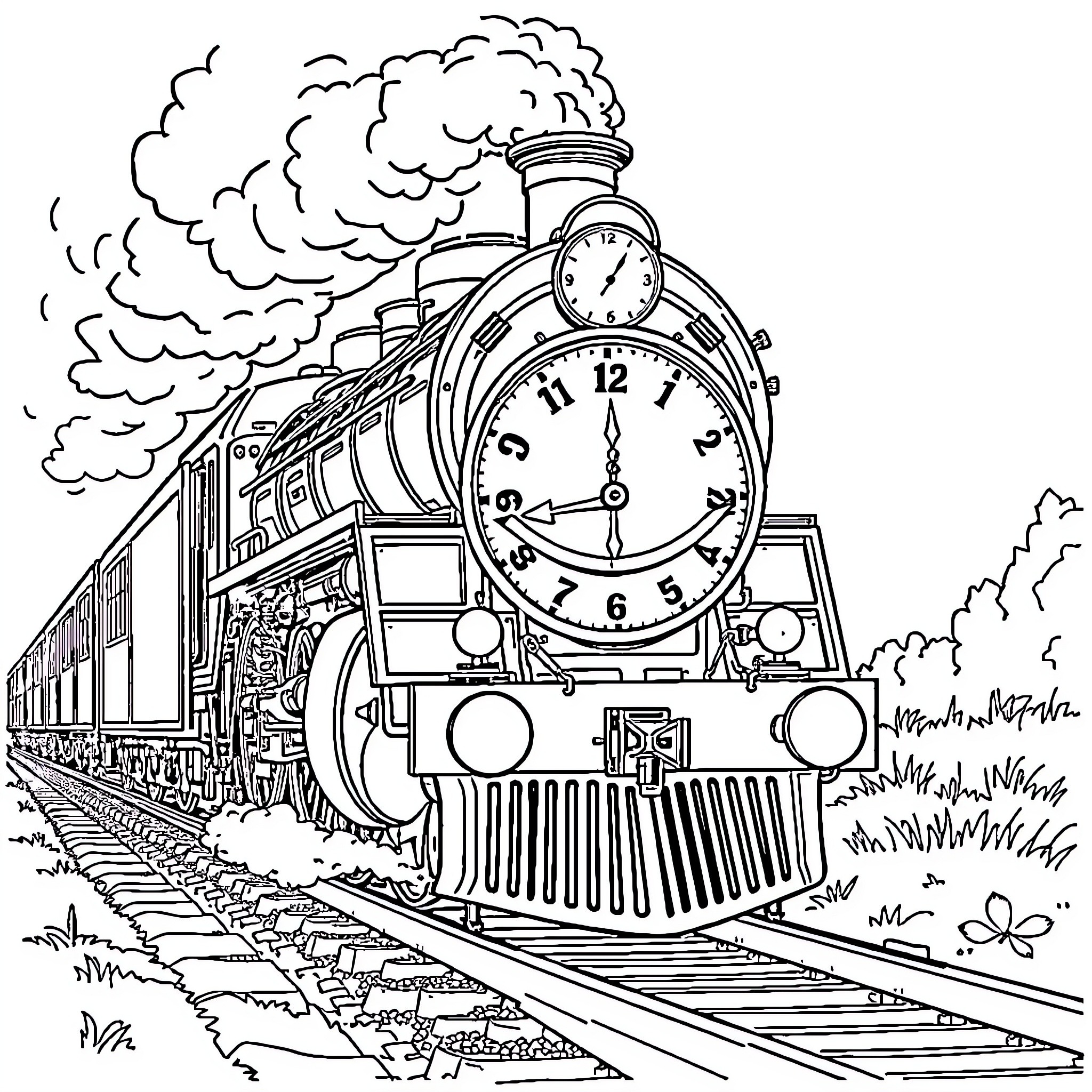 Train travelling rapidly through the countryside Coloring Page (free black-and-white line drawing printable PDF for all, from beginners to advanced learners, including children, teens, adults, and seniors)