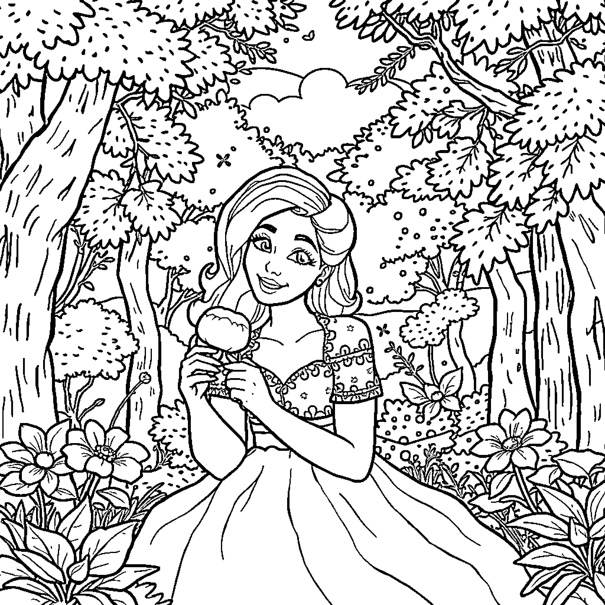 Snow White in a Magical Forest Coloring Page (free black-and-white line drawing printable PDF for all, from beginners to advanced learners, including children, teens, adults, and seniors)