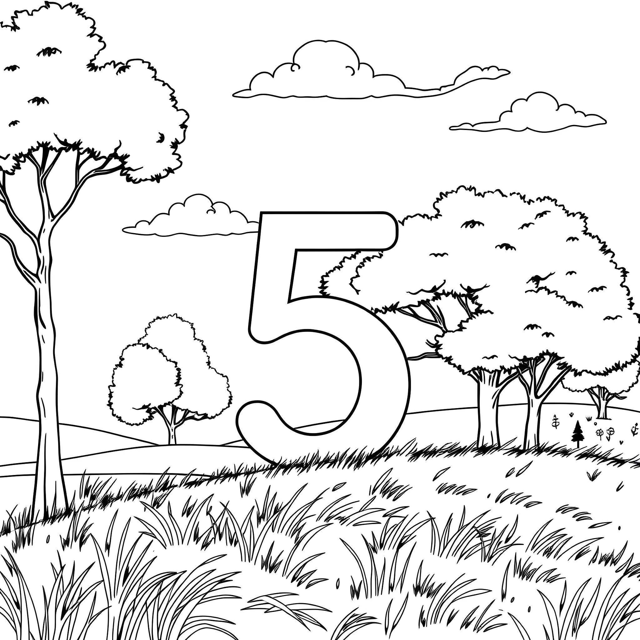 Number 5 - Peaceful Outdoor Landscape Scene Coloring Page (free black-and-white line drawing printable PDF for all, from beginners to advanced learners, including children, teens, adults, and seniors)