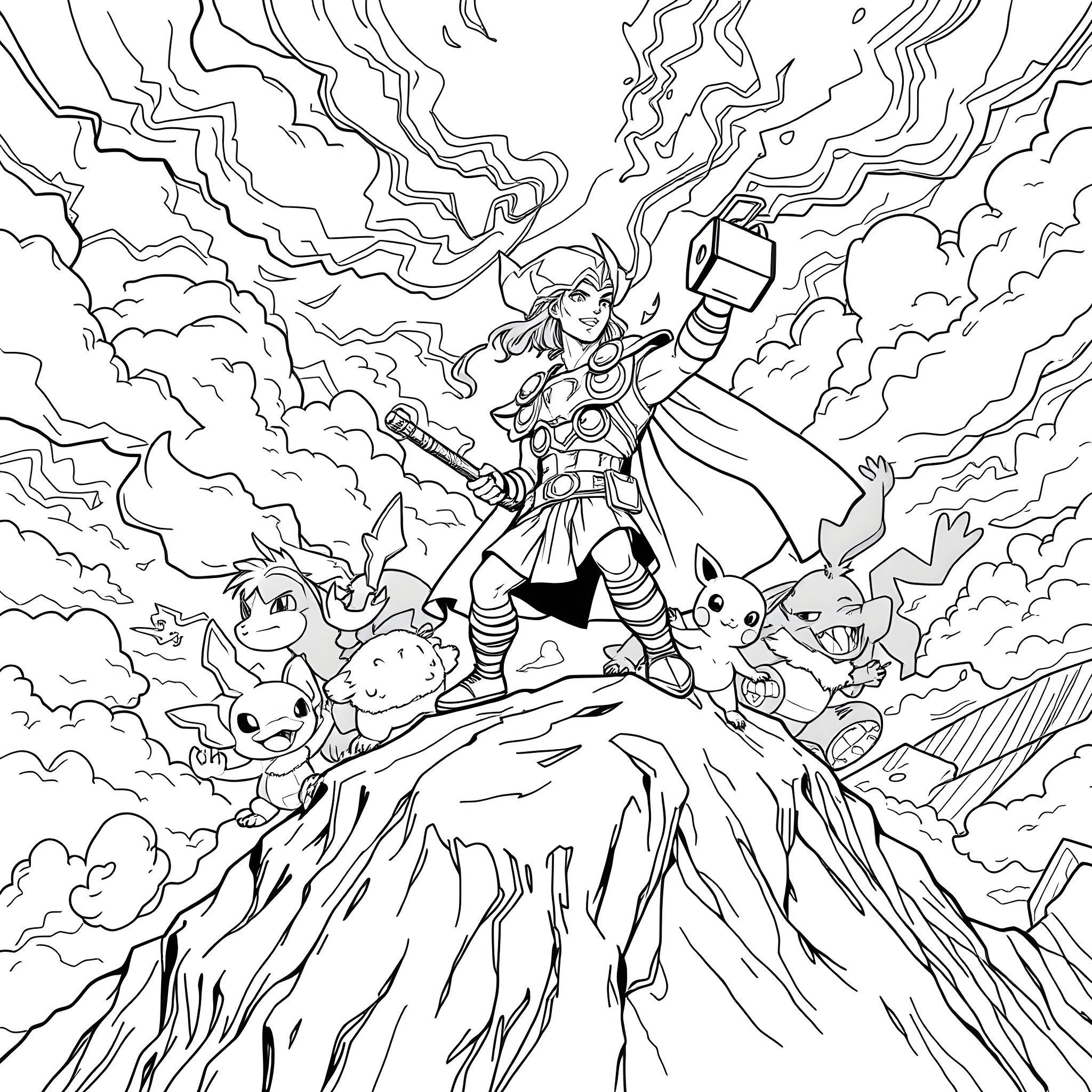 Thor battles fierce monsters with loyal companions Coloring Page (free black-and-white line drawing printable PDF for all, from beginners to advanced learners, including children, teens, adults, and seniors)
