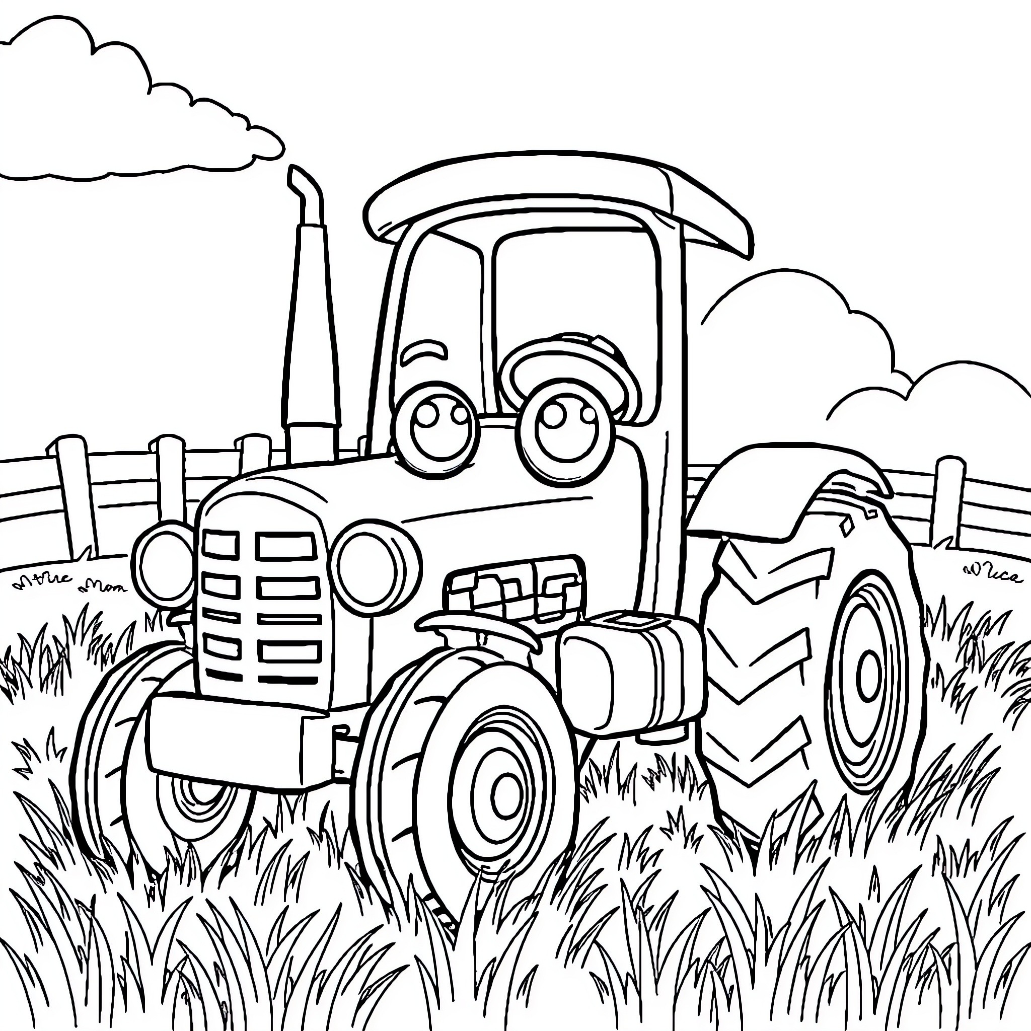 Tractor plowing through a grassy field Coloring Page (free black-and-white line drawing printable PDF for all, from beginners to advanced learners, including children, teens, adults, and seniors)