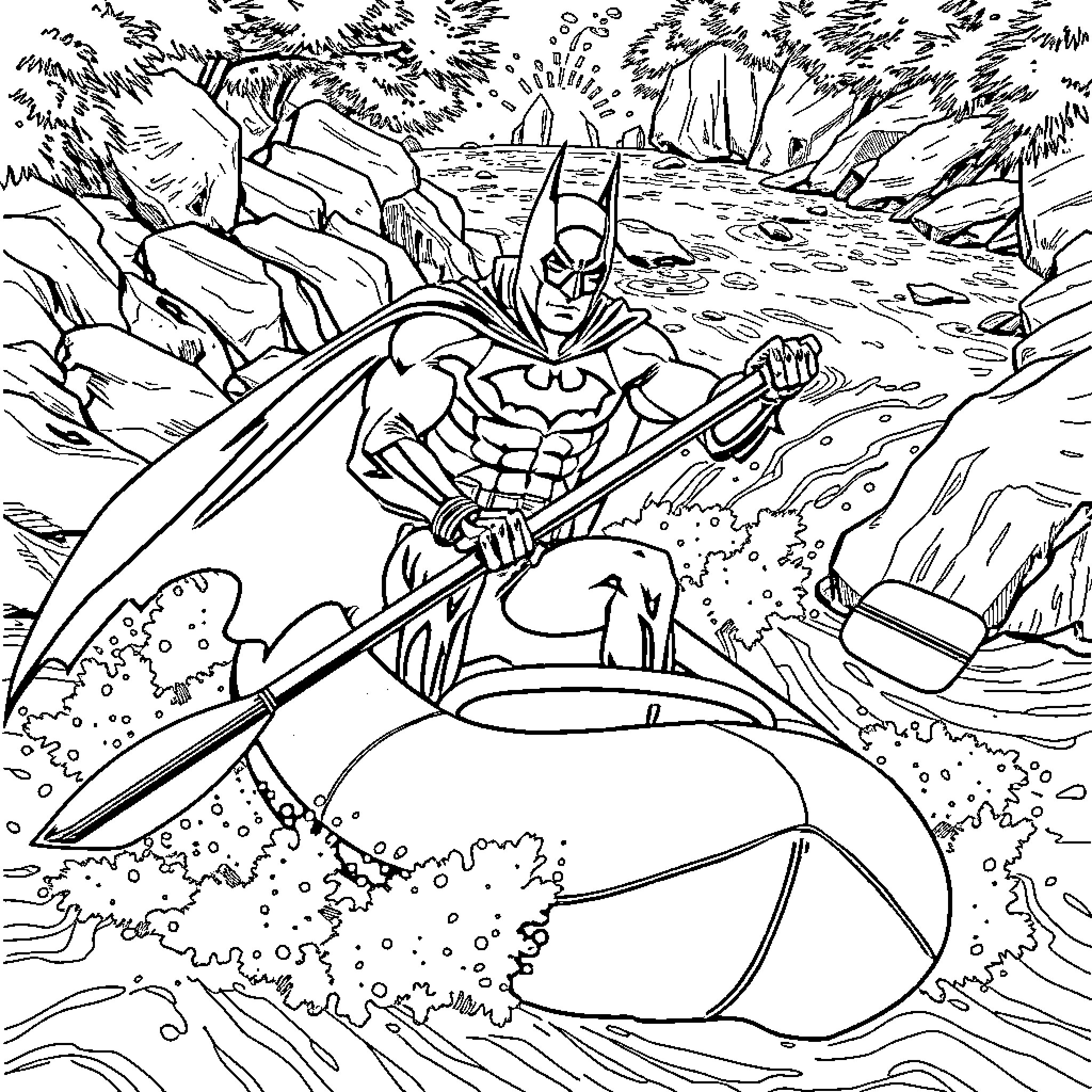 Batman traversing the rugged terrain on his Bat Surfboard Coloring Page (free black-and-white line drawing printable PDF for all, from beginners to advanced learners, including children, teens, adults, and seniors)